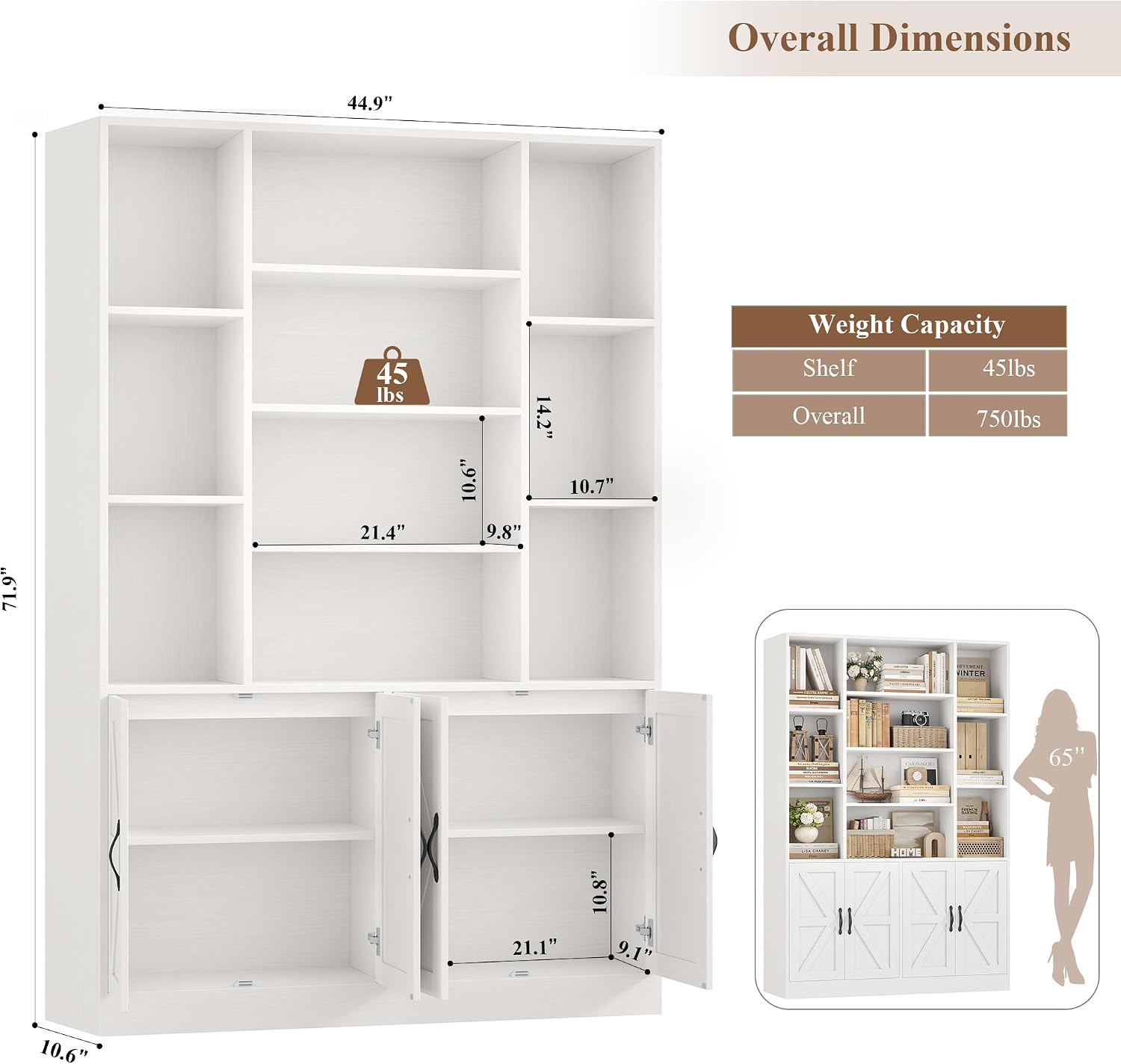 White Wide Farmhouse Bookcase with Doors