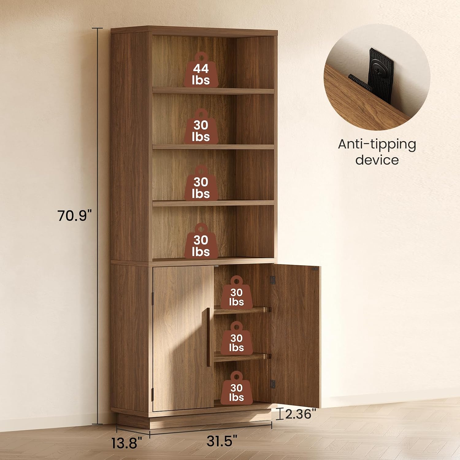 Walnut 7-Tier Storage Bookcase with Doors