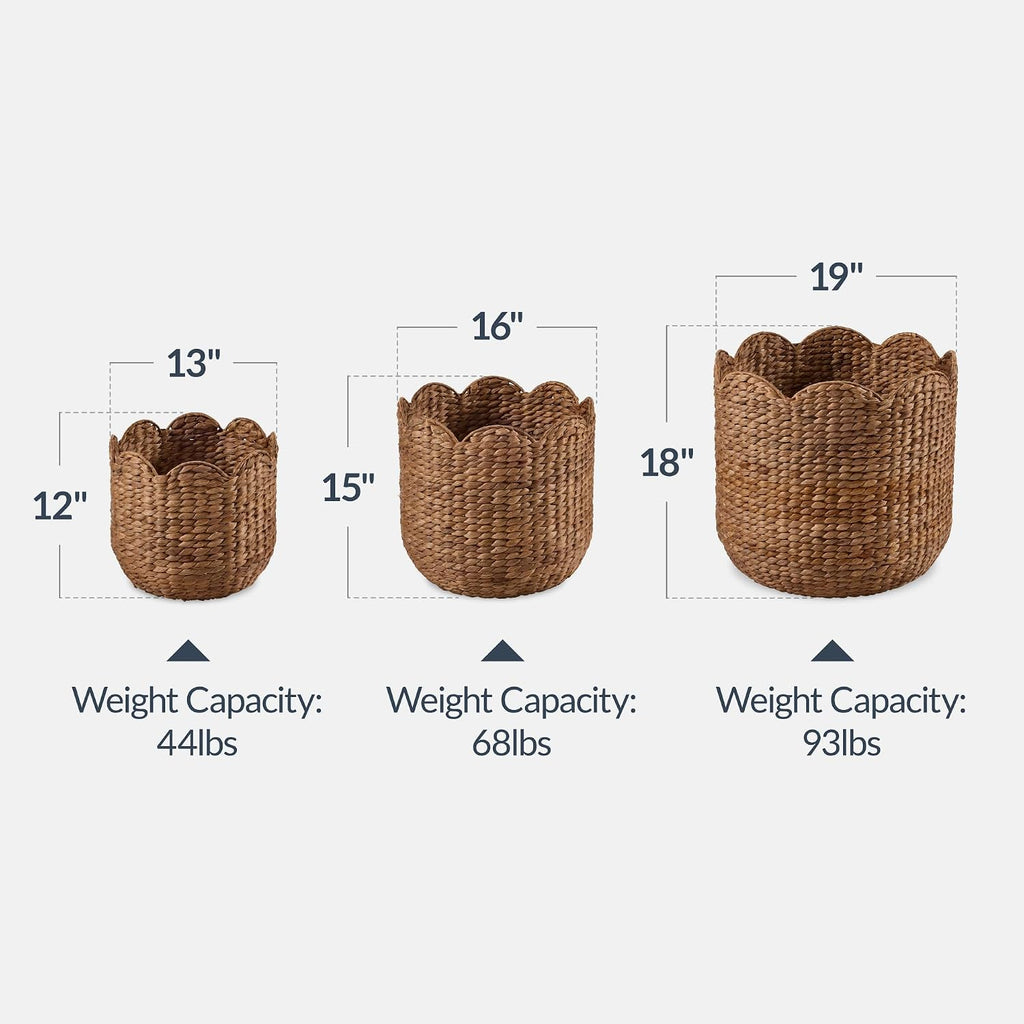 3 Pack Chestnut Scalloped Water Hyacinth Baskets