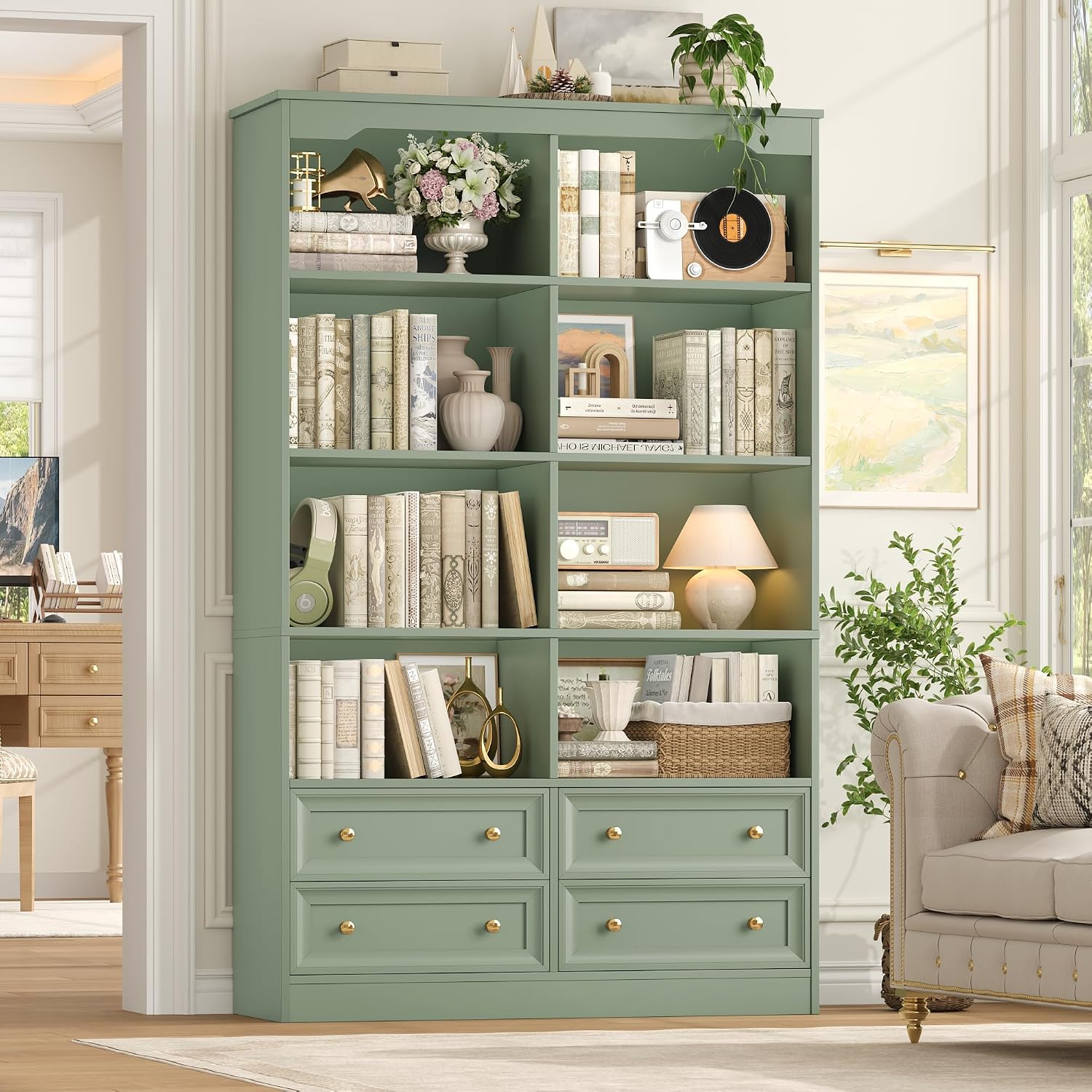 Green Double Wide Bookcase with Drawers