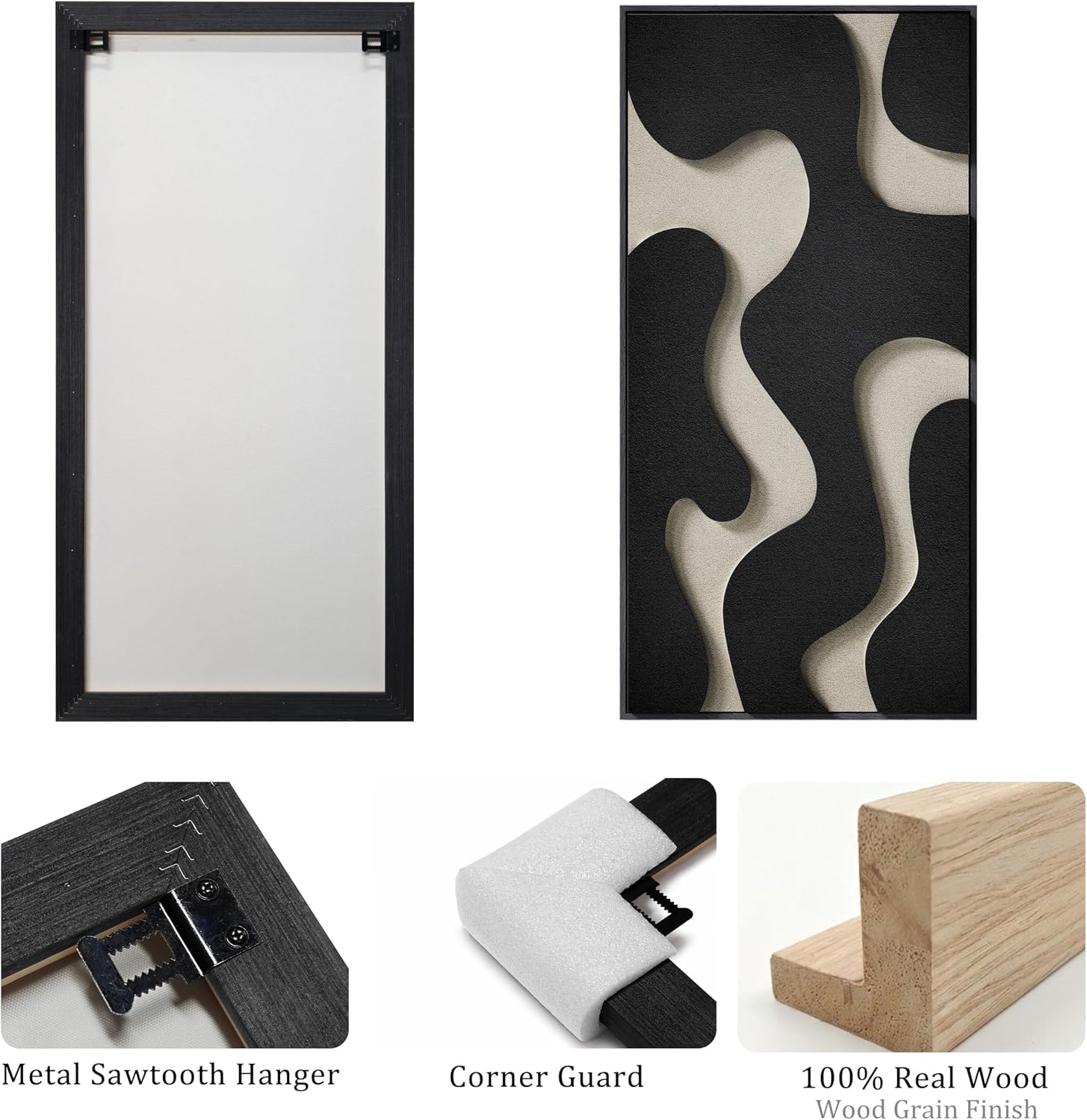 3D Textured Black Beige Vertical Framed Wall Art 20x40 In