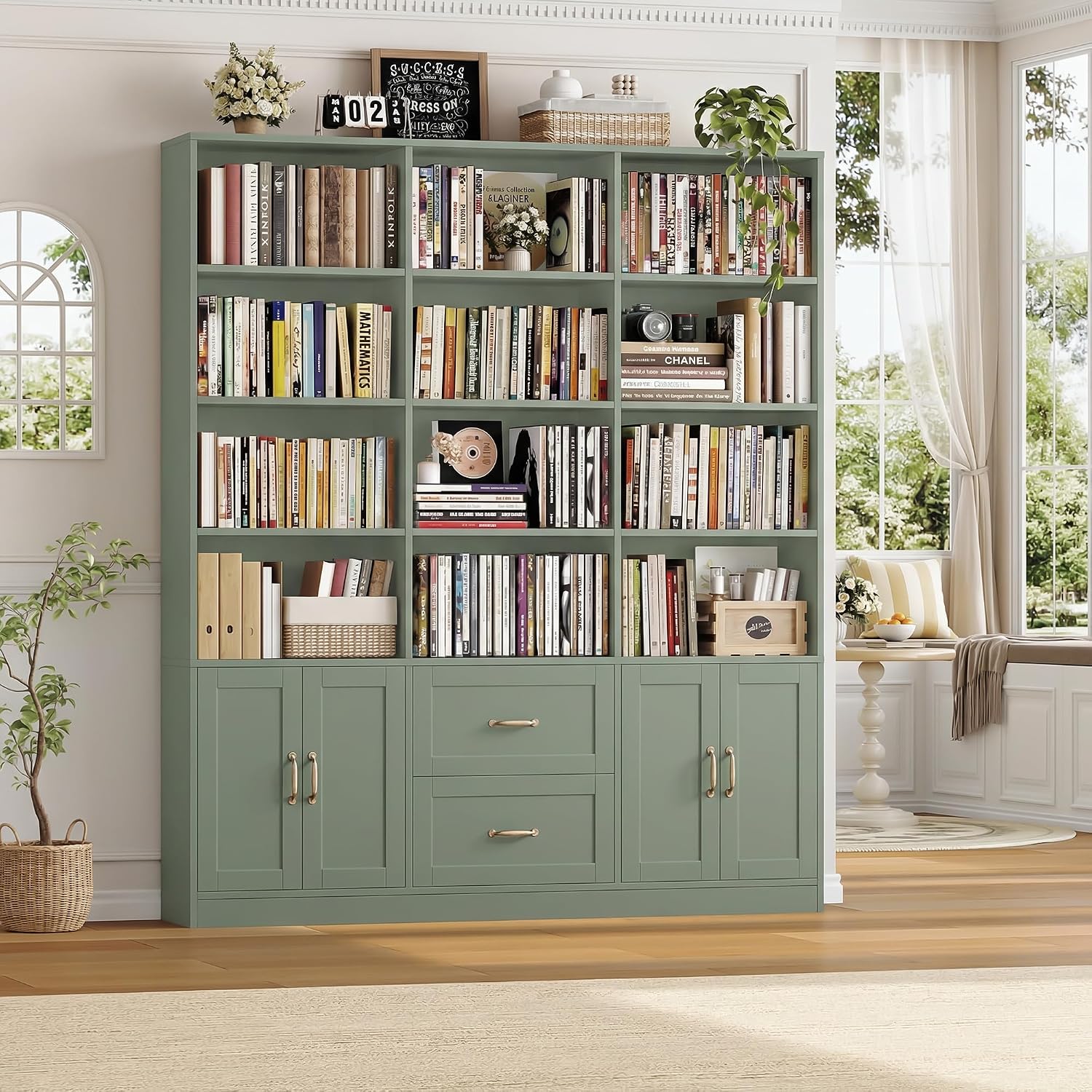 Green Triple Wide Bookcase with Drawers & Doors