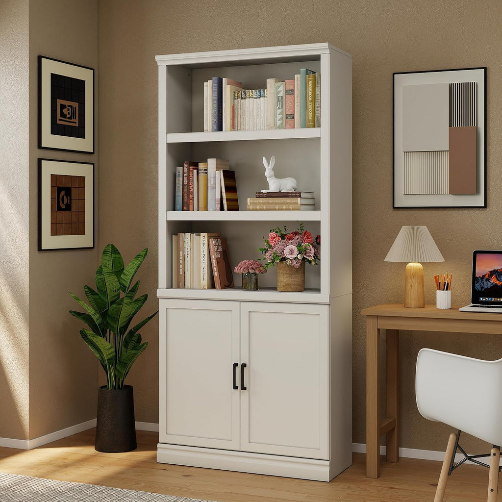 White Adjustable Bookcase with Storage Doors