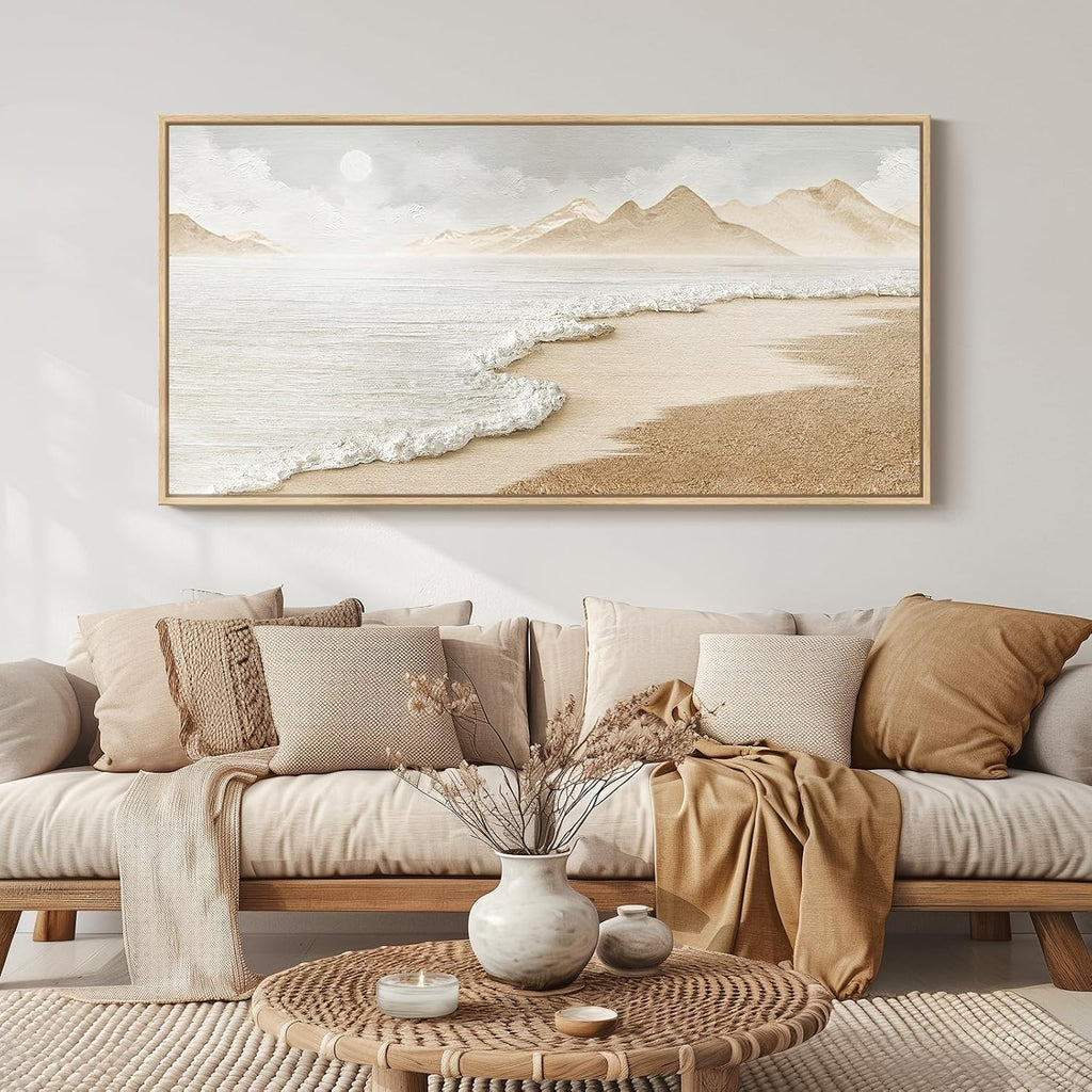 Large Neutral Coastal Framed Wall Art 30x60 Inch