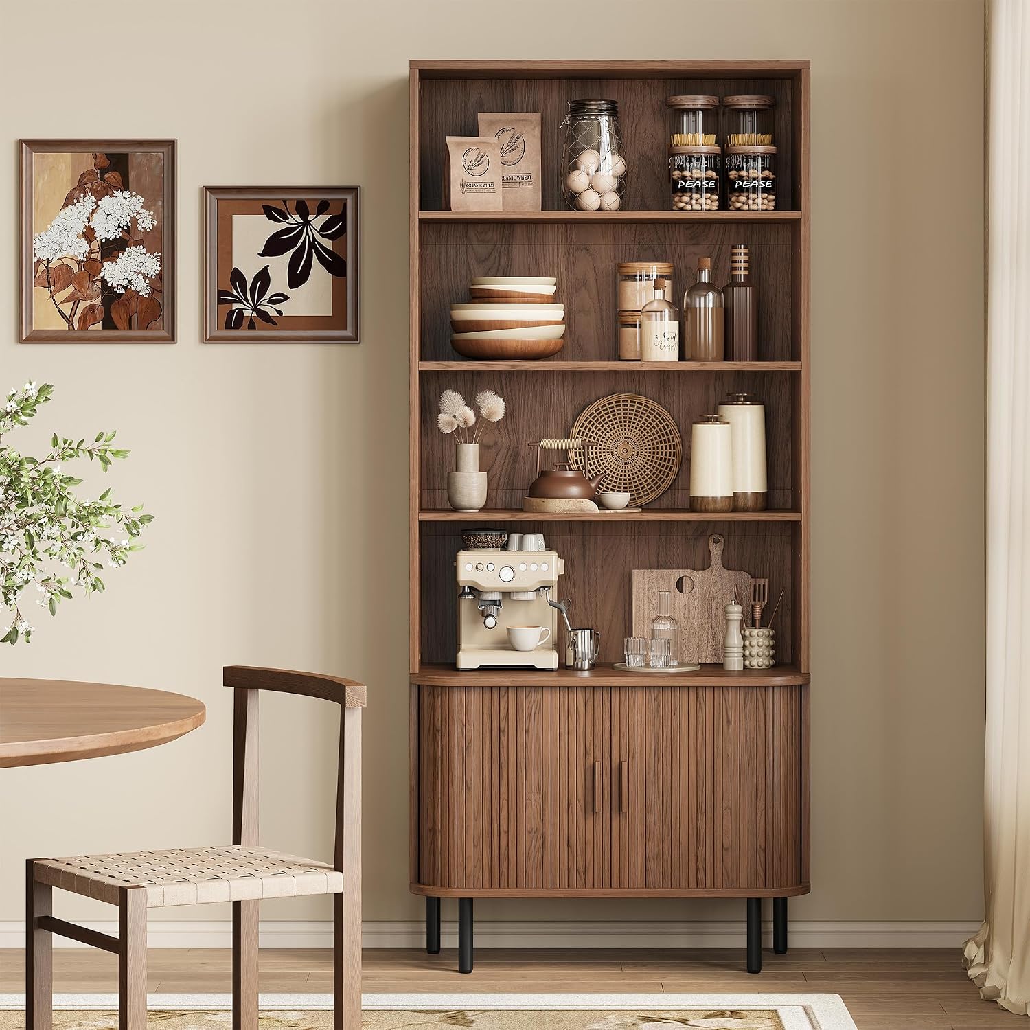 Fluted Walnut Bookcase with Sliding Door