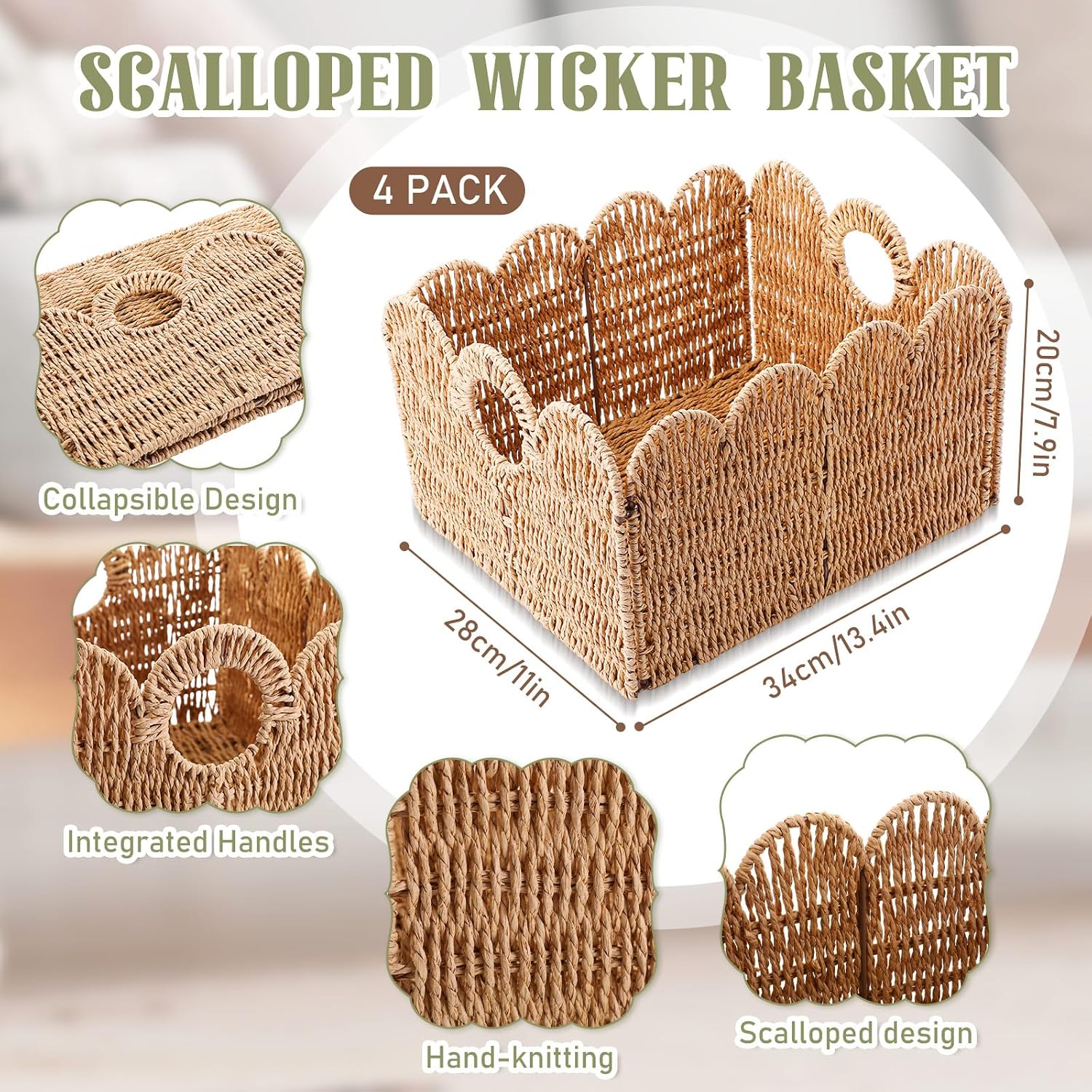 4 Pack Scalloped Paper Rope Storage Baskets