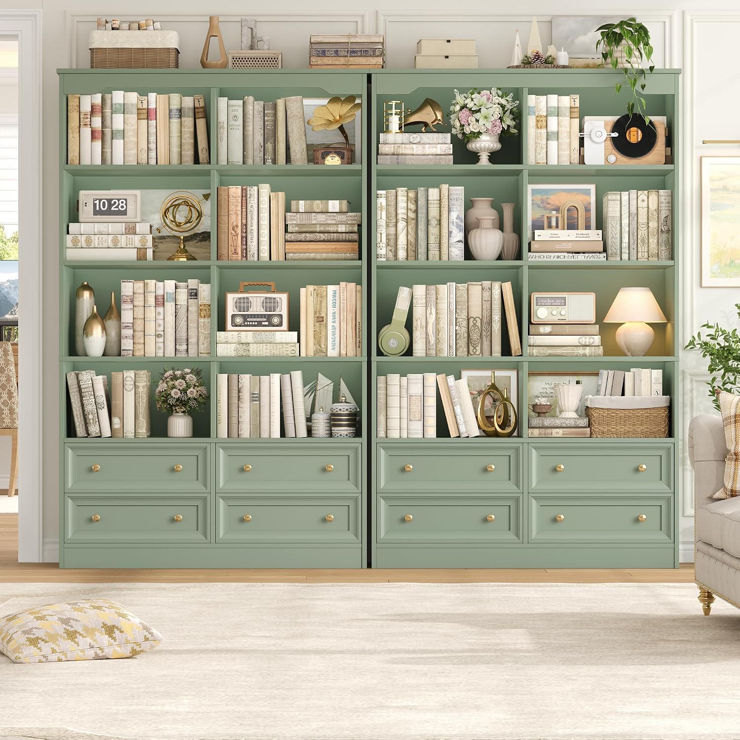 Green Double Wide Bookcase with Drawers