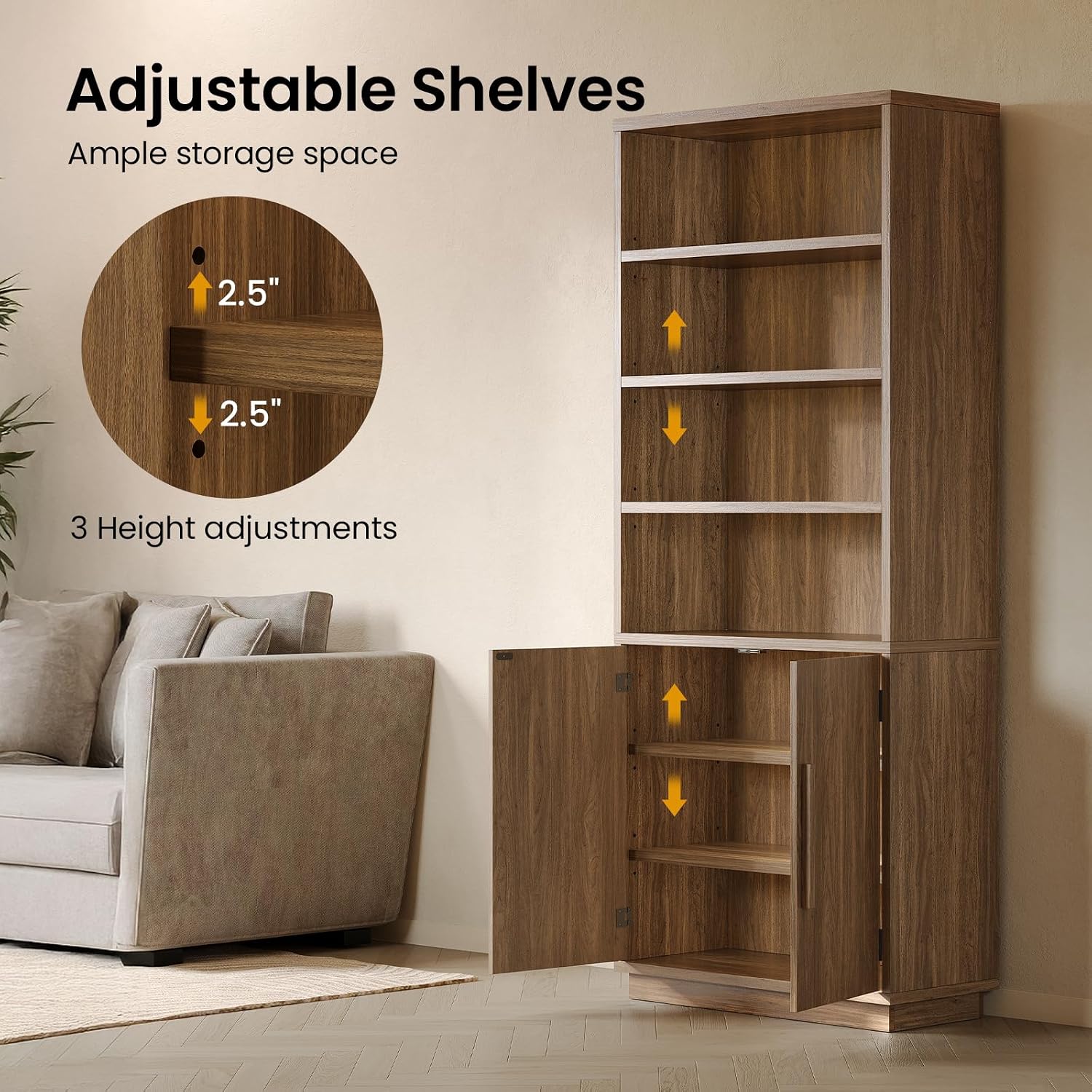 Walnut 7-Tier Storage Bookcase with Doors