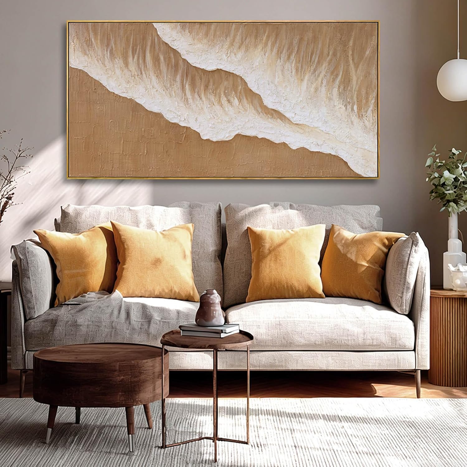Beige Textured Framed Canvas Wall Art 24x48  Inch