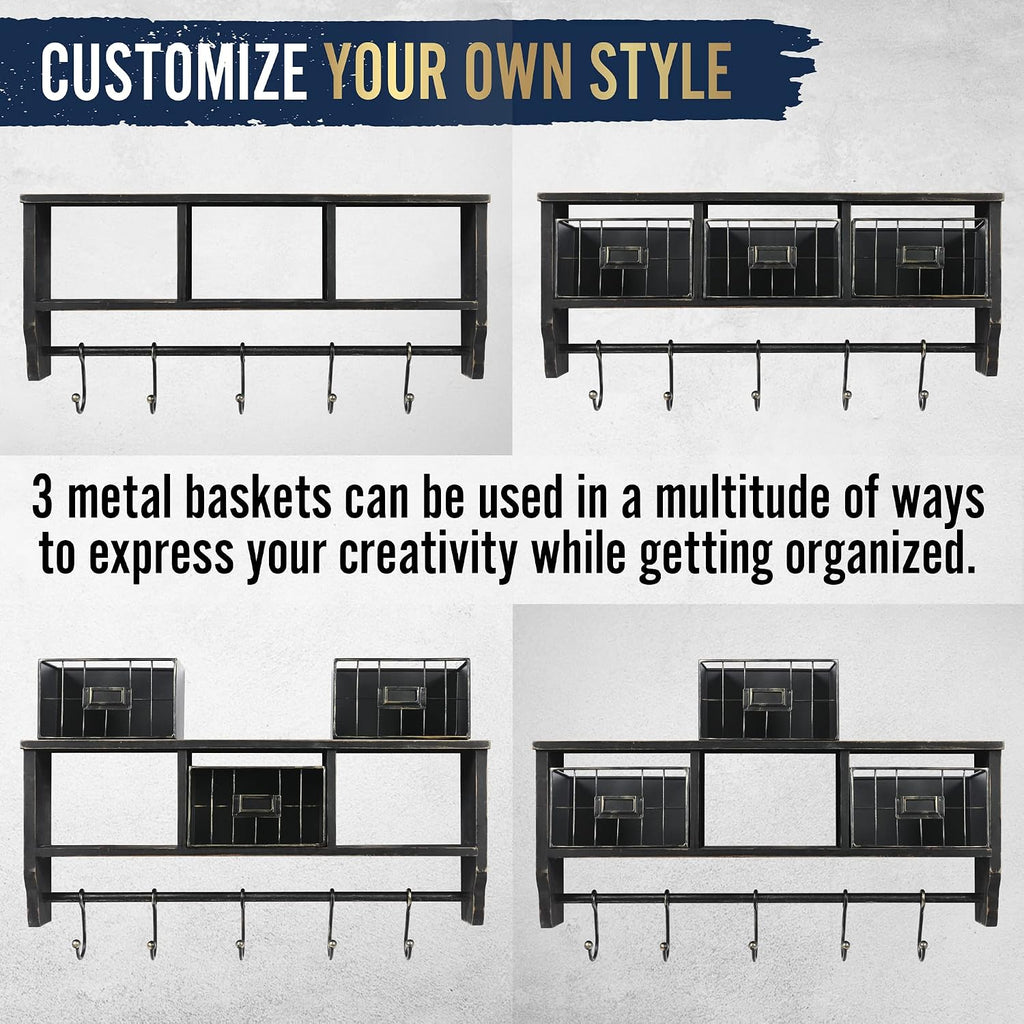 Rustic Blackwash Wood Wall Coat Shelf 24"
