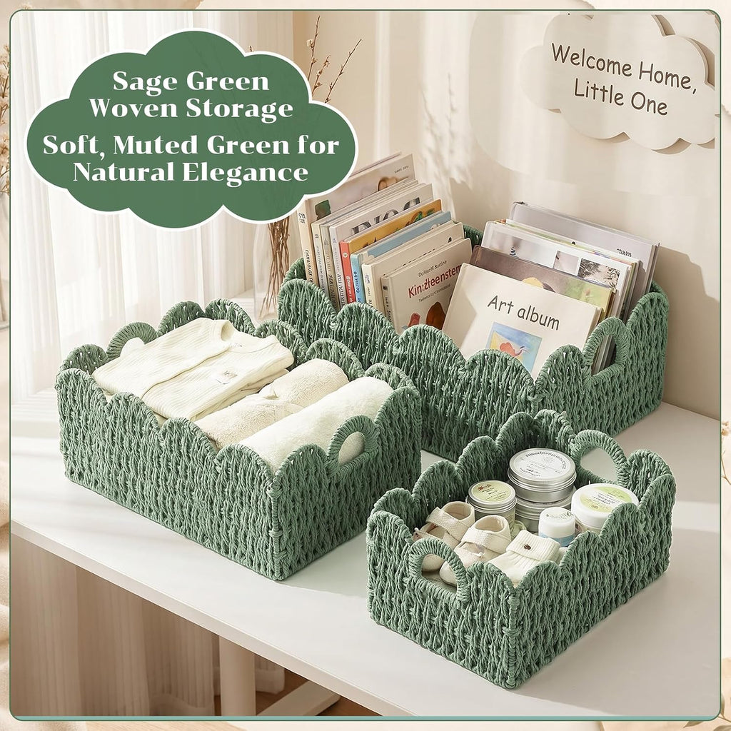 3 Pack Sage Green Paper Rope Baskets