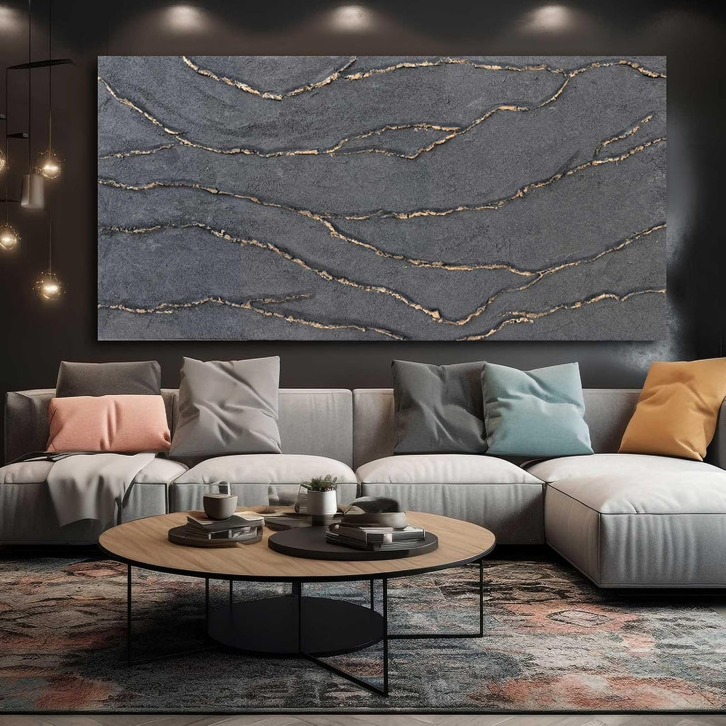 Hand Painted Gold Grey Textured Abstract Canvas Wall Art 29x58 Inch