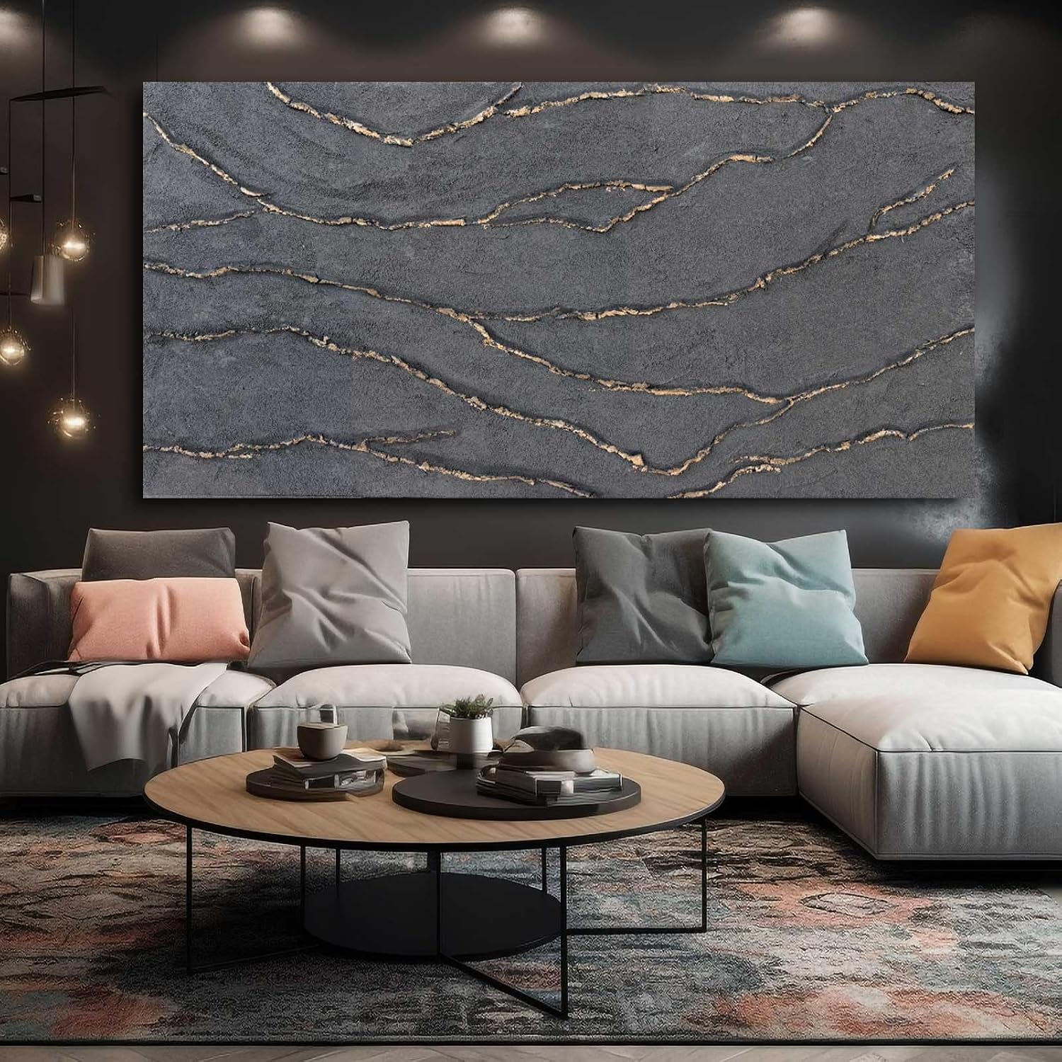 Hand Painted Gold Grey Textured Abstract Canvas Wall Art 29x58 Inch