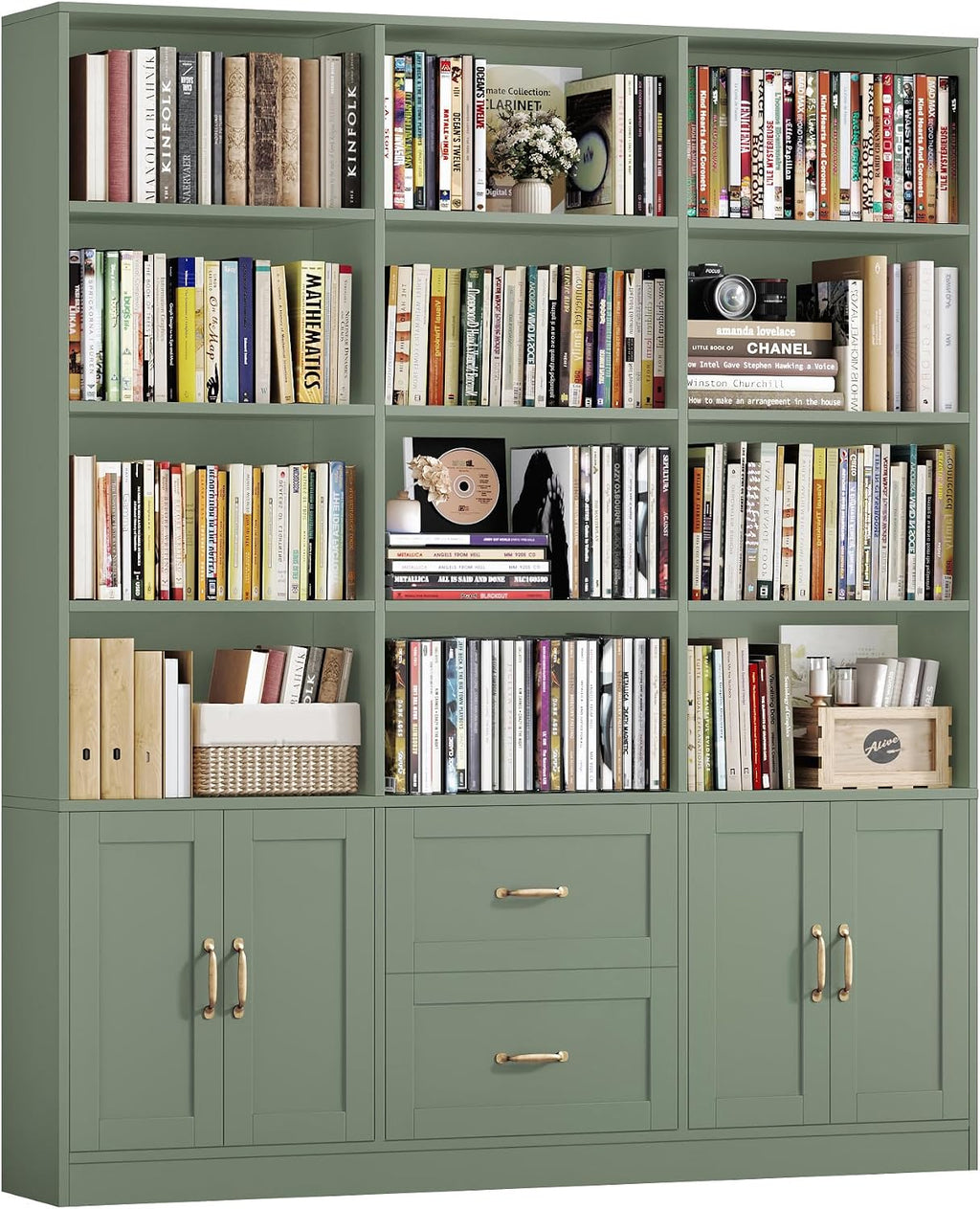 Green Triple Wide Bookcase with Drawers & Doors