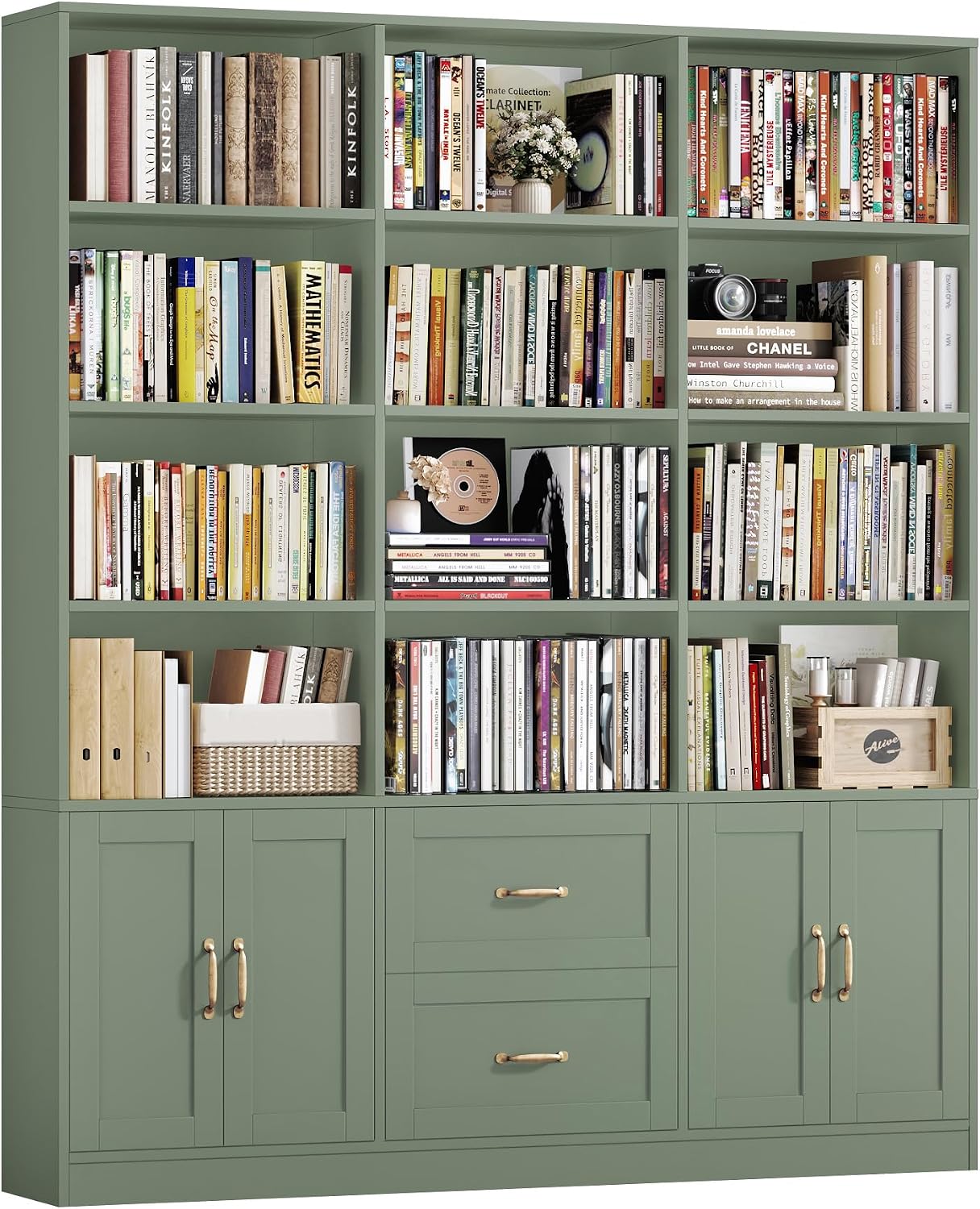 Green Triple Wide Bookcase with Drawers & Doors