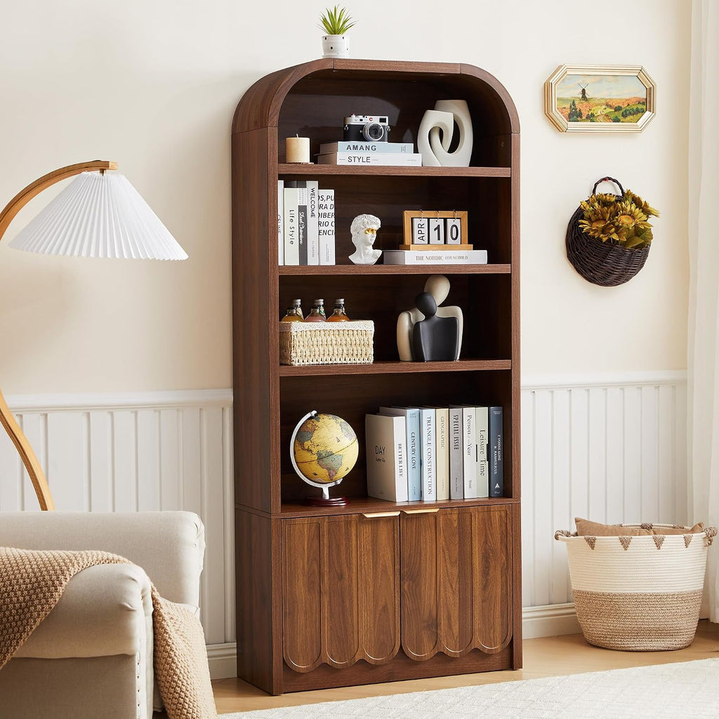 Walnut Arched Bookcase Gold Handle Doors