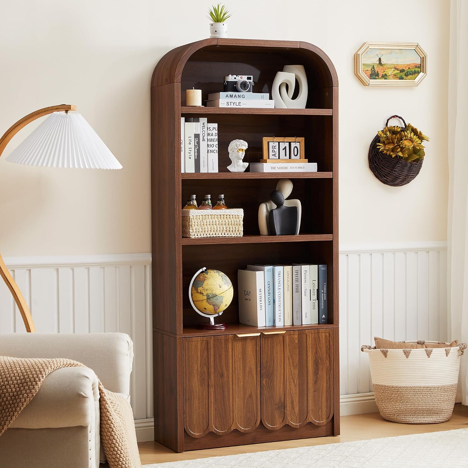 Walnut Arched Bookcase Gold Handle Doors