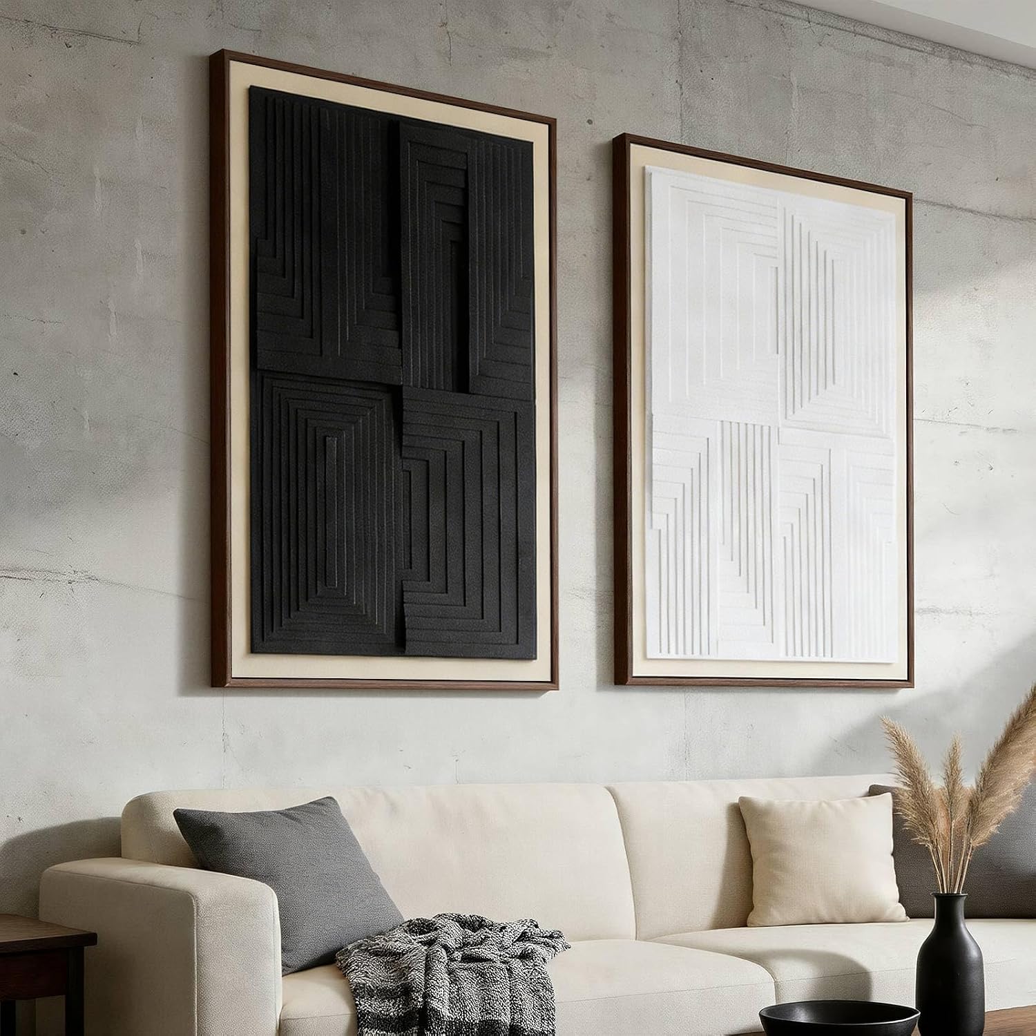2Pcs Black White Textured Abstract Wall Art 16x24 In