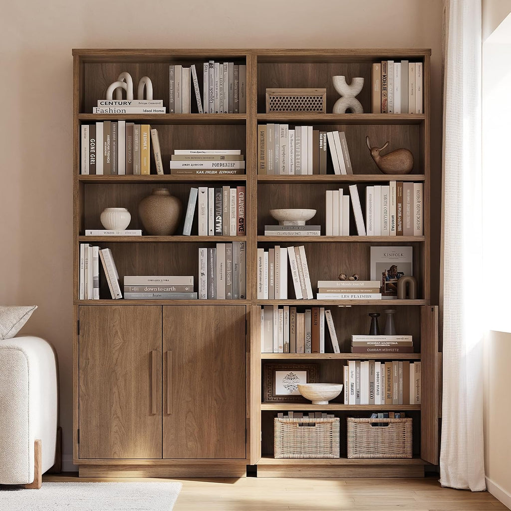 Walnut 7-Tier Storage Bookcase with Doors