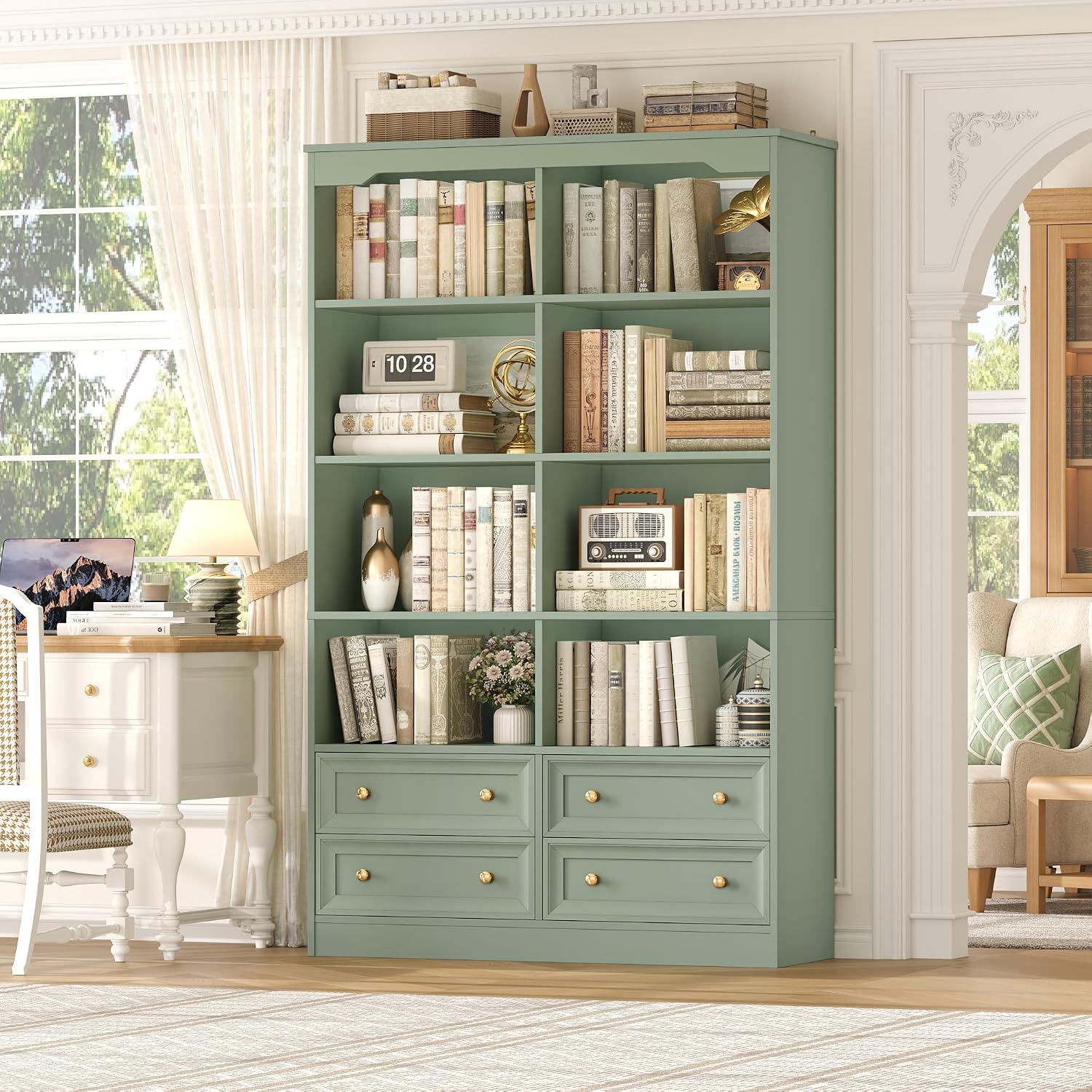 Green Double Wide Bookcase with Drawers