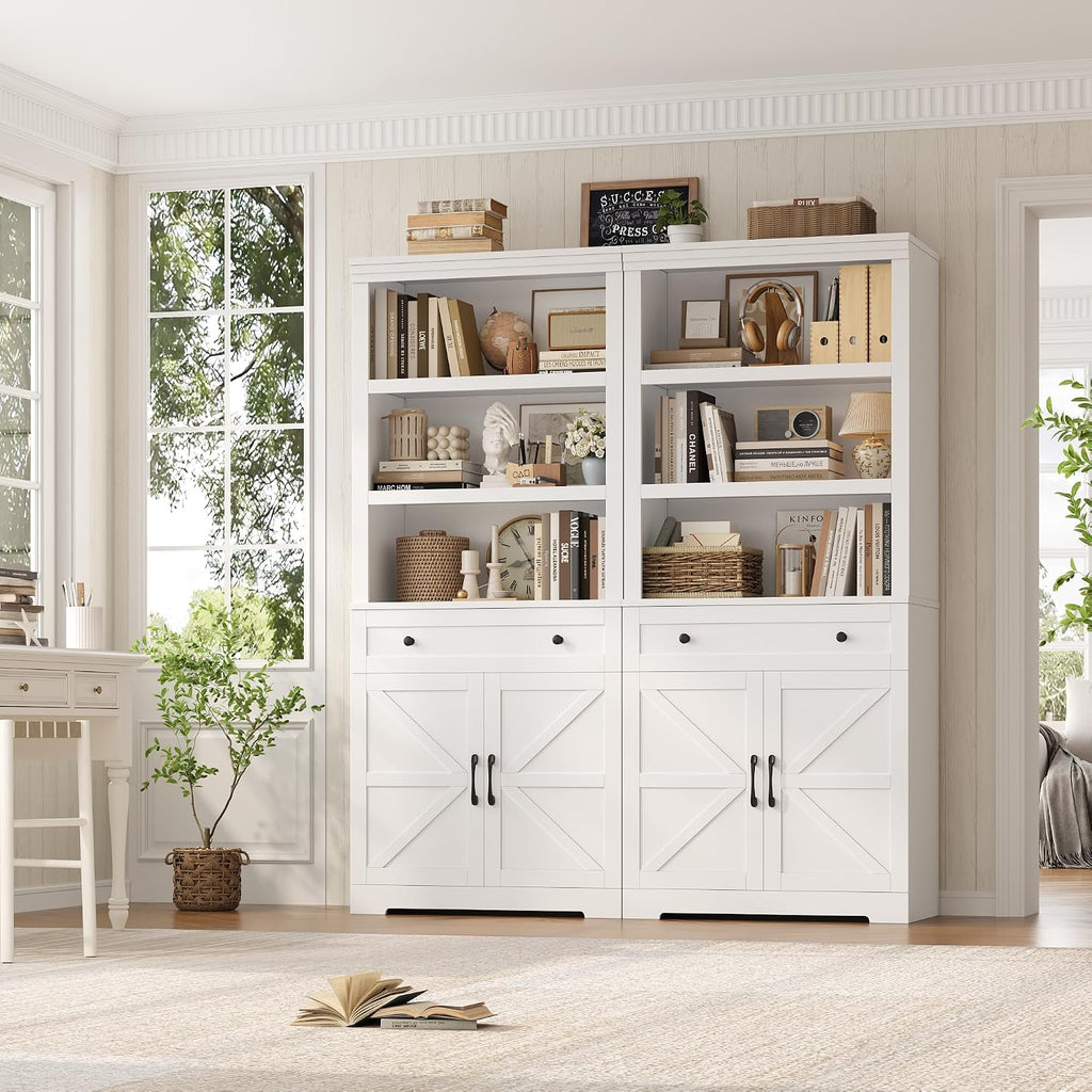 White Farmhouse Bookcase Drawer & Doors