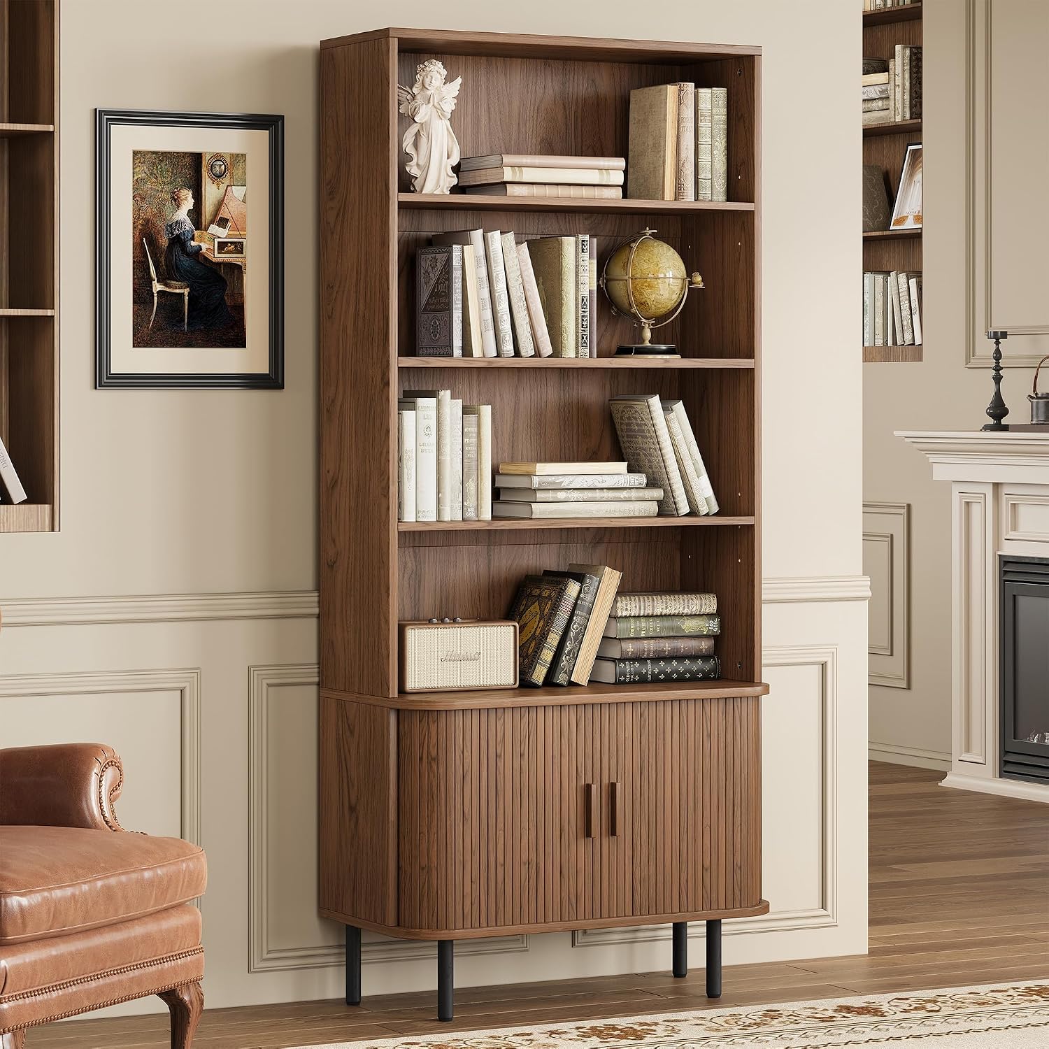 Fluted Walnut Bookcase with Sliding Door