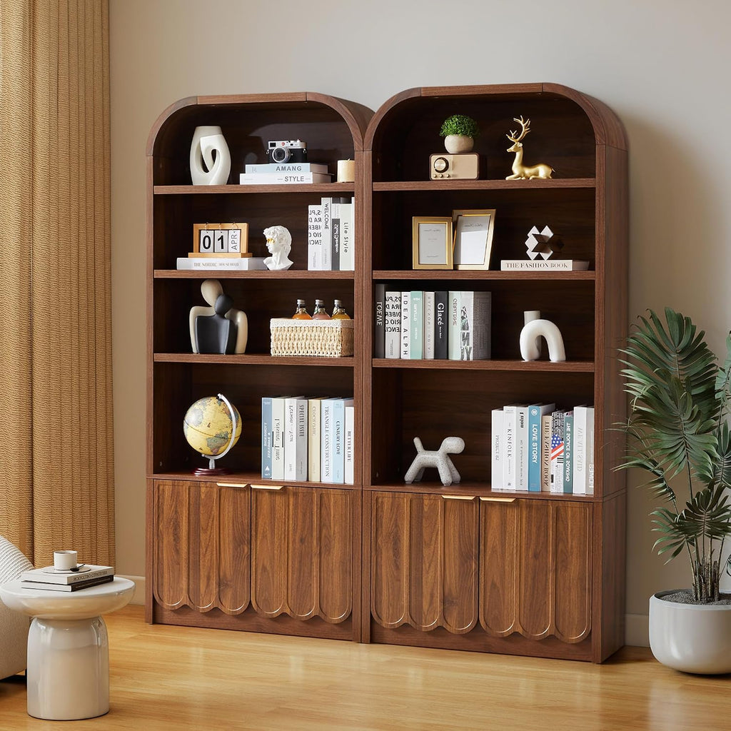 Walnut Arched Bookcase Gold Handle Doors