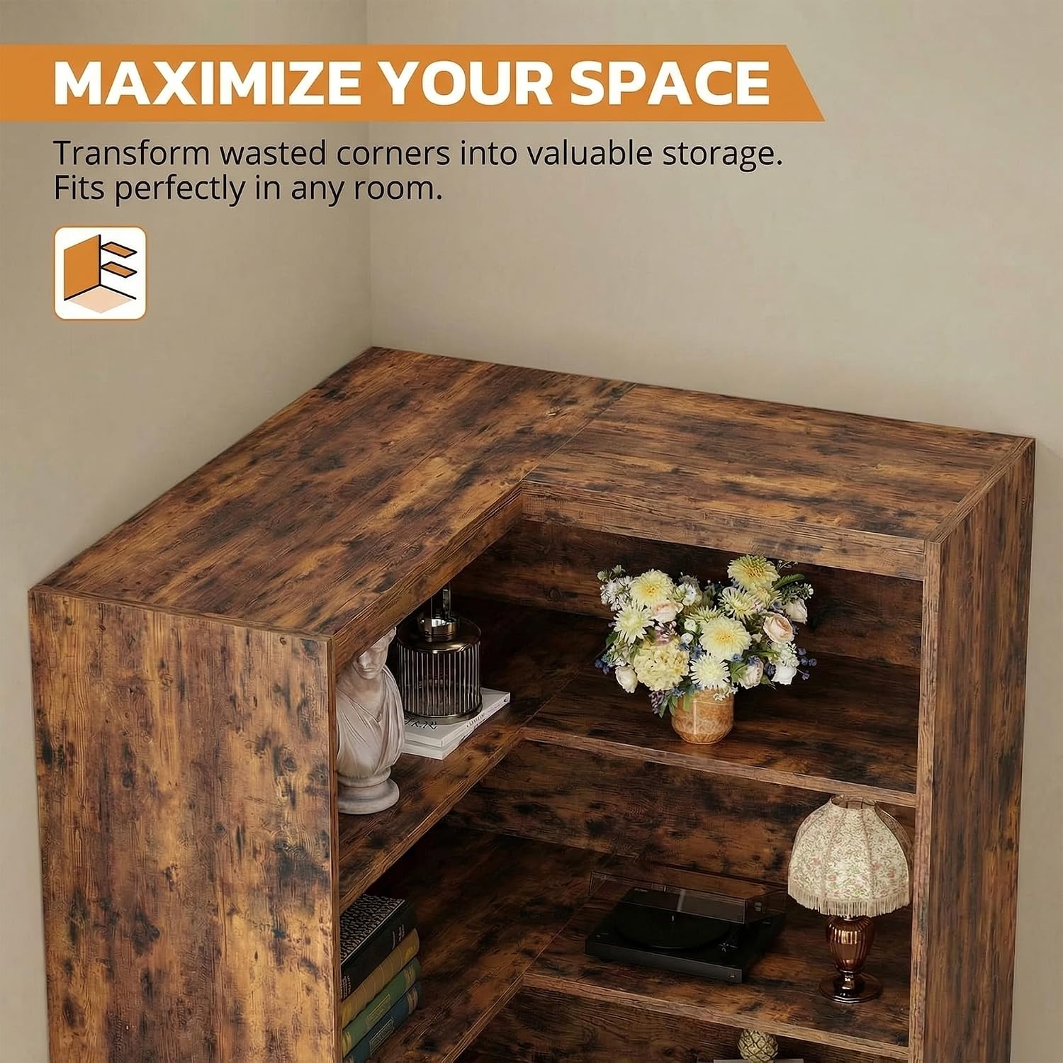 Vintage Brown L-Shaped Corner Bookcase