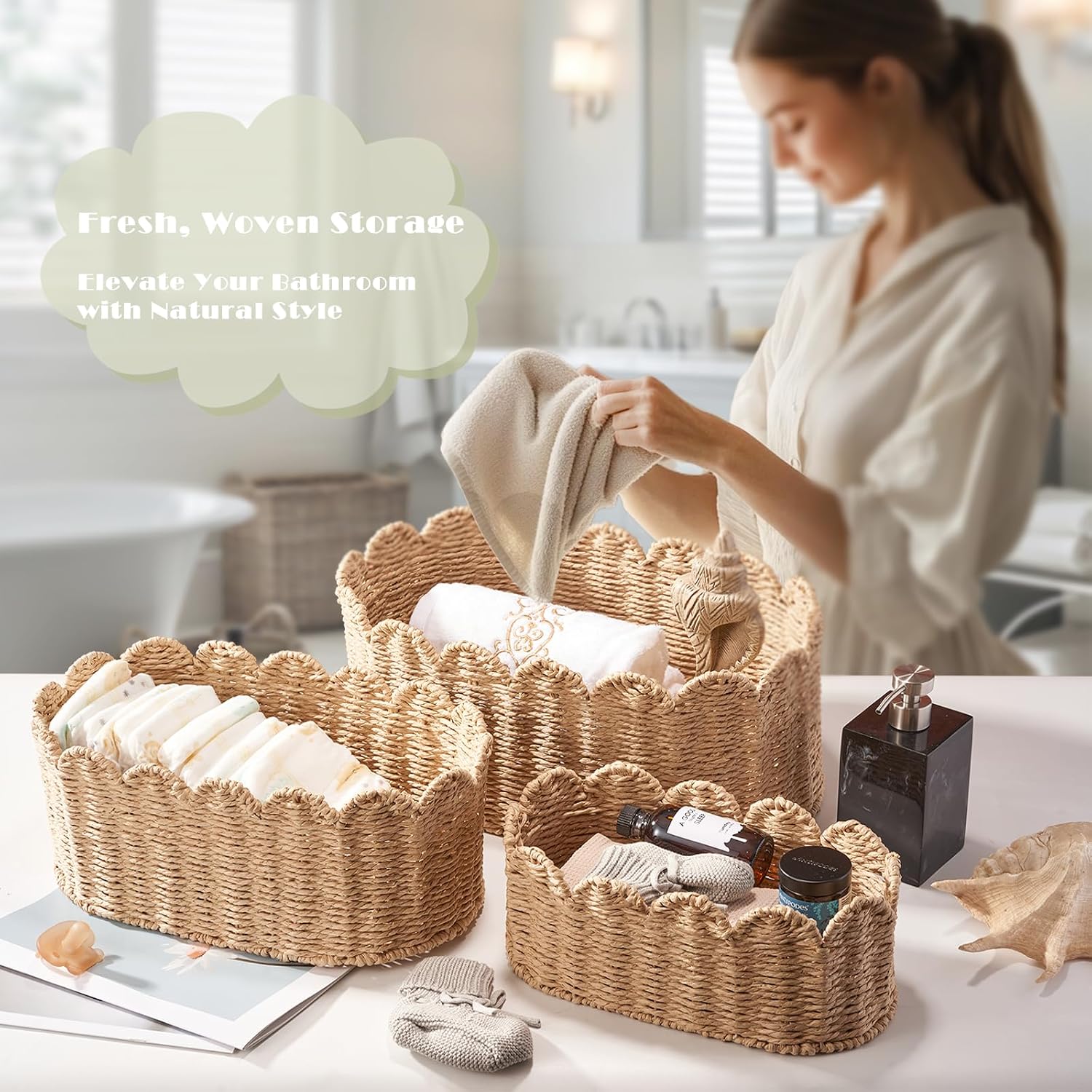 3 Pack Natural Paper Rope Storage Baskets