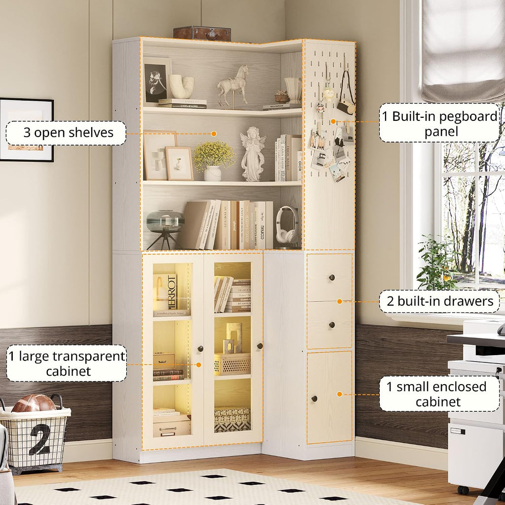 White LED Corner Bookcase with Drawers