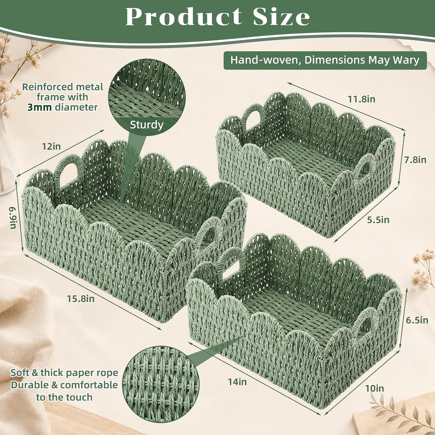 3 Pack Sage Green Paper Rope Baskets