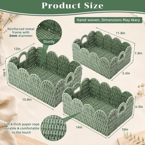 3 Pack Sage Green Paper Rope Baskets