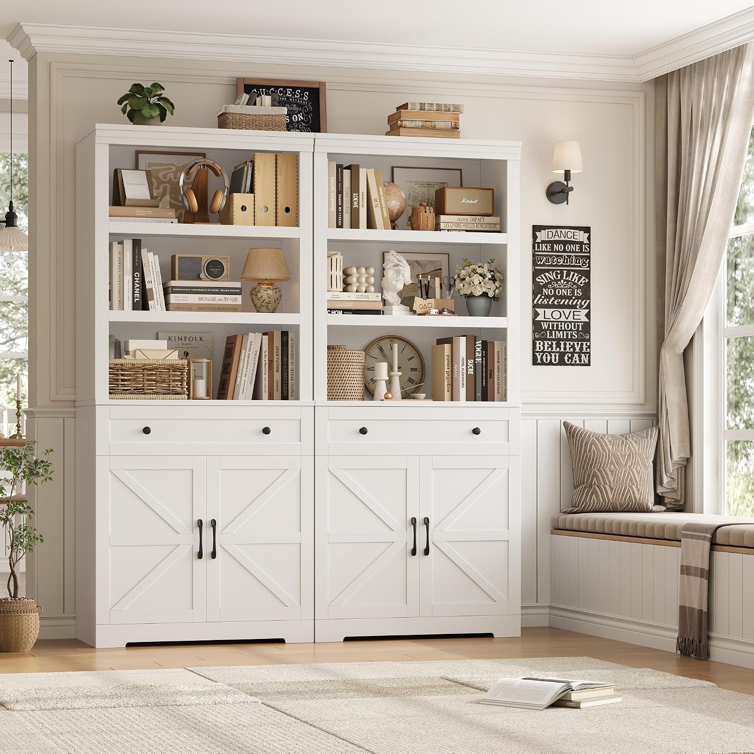 White Farmhouse Bookcase Drawer & Doors