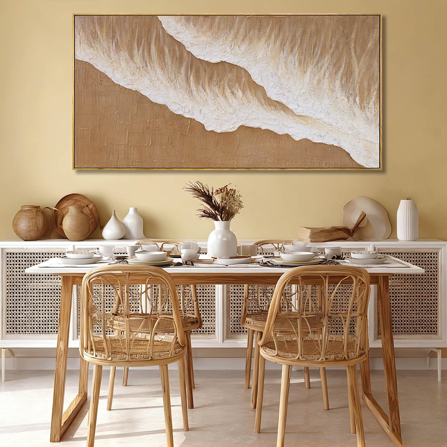 Beige Textured Framed Canvas Wall Art 24x48  Inch