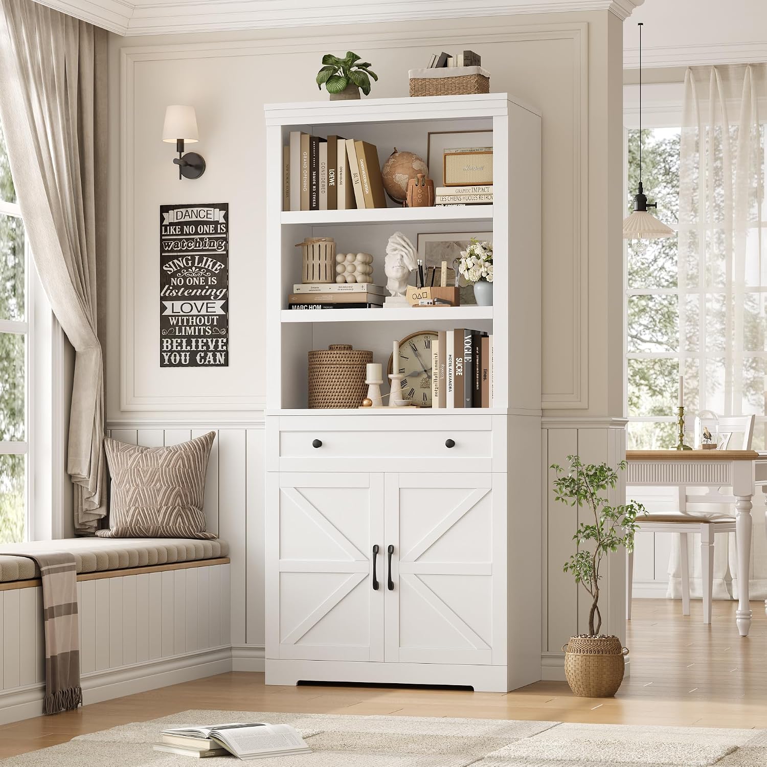 White Farmhouse Bookcase Drawer & Doors