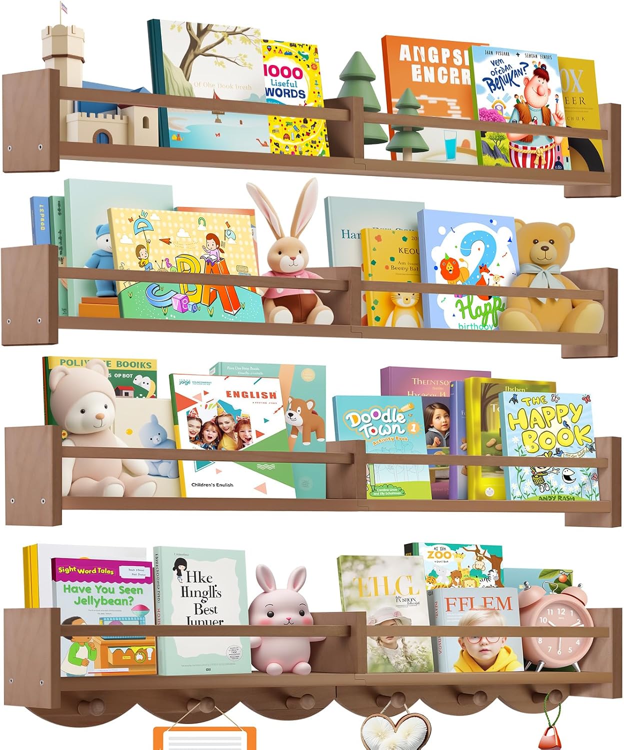 34" Light Brown Kids Wall Book Shelf Hooks