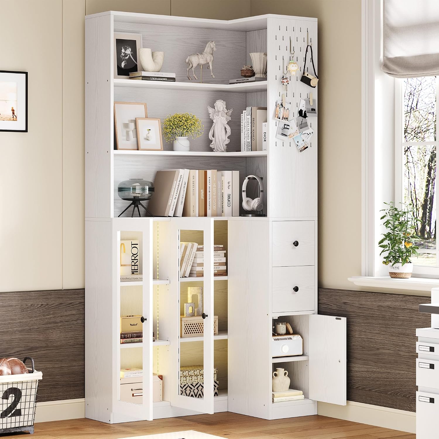 White LED Corner Bookcase with Drawers