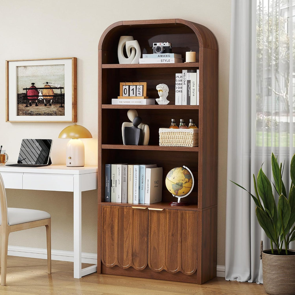 Walnut Arched Bookcase Gold Handle Doors