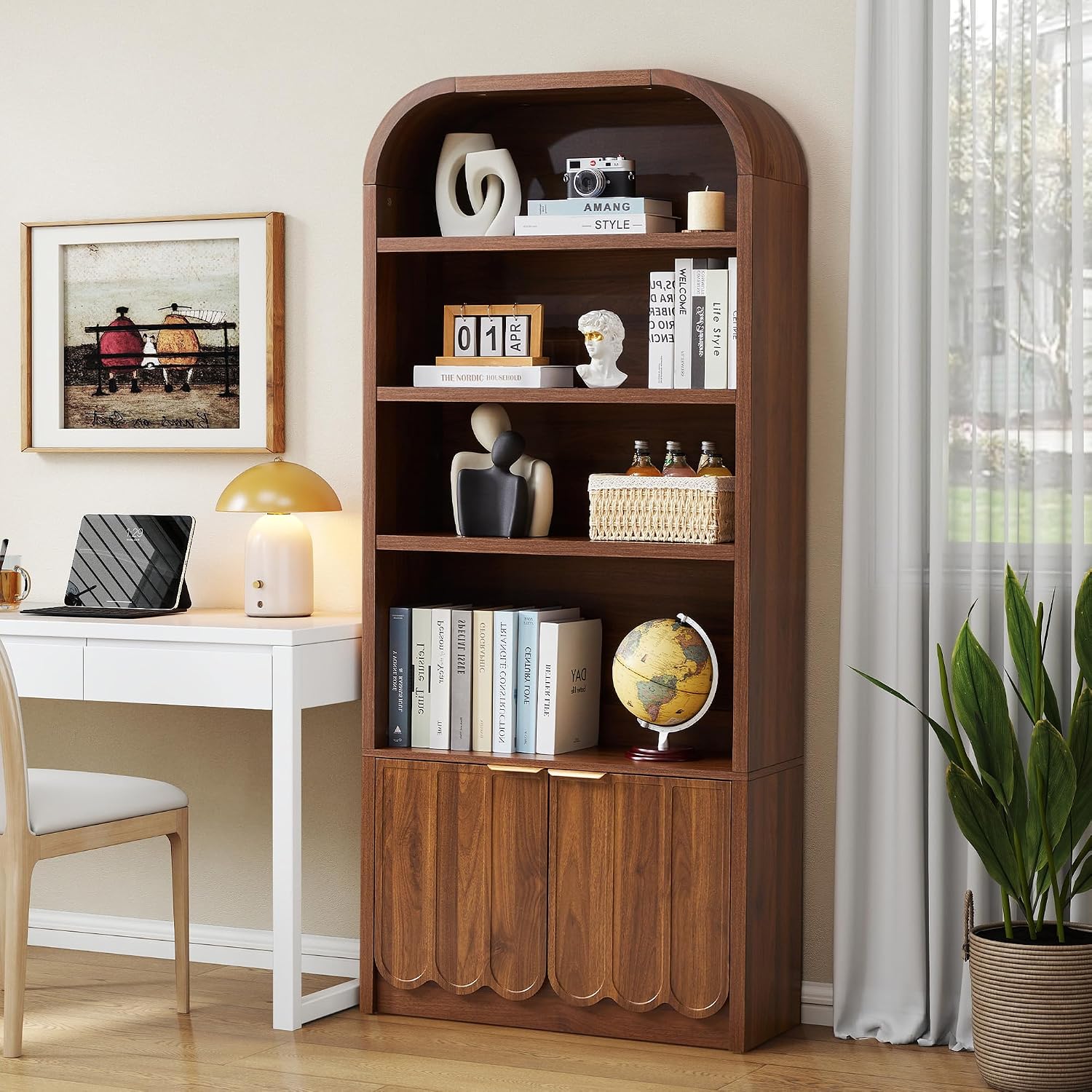 Walnut Arched Bookcase Gold Handle Doors