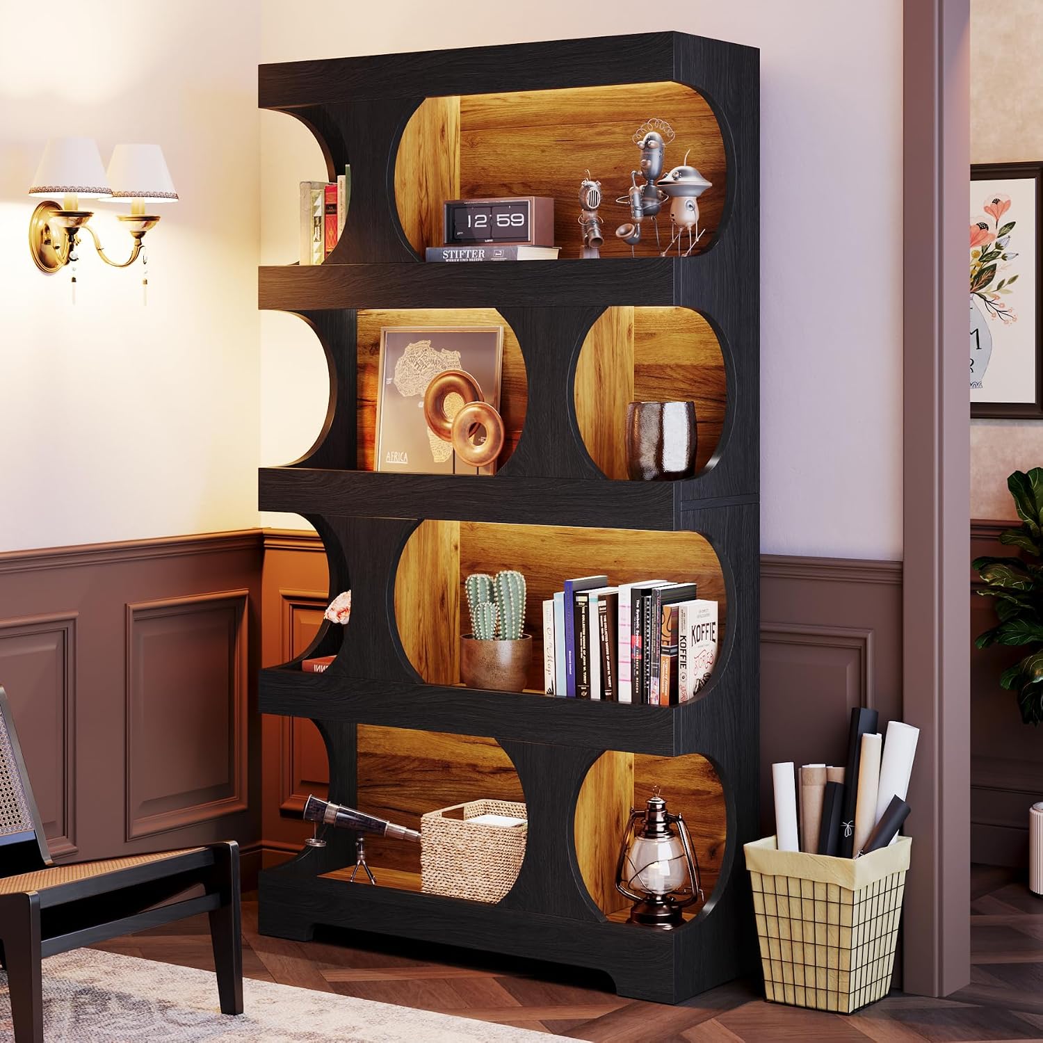 S-Shaped 4-Tier Wood Display Bookcase