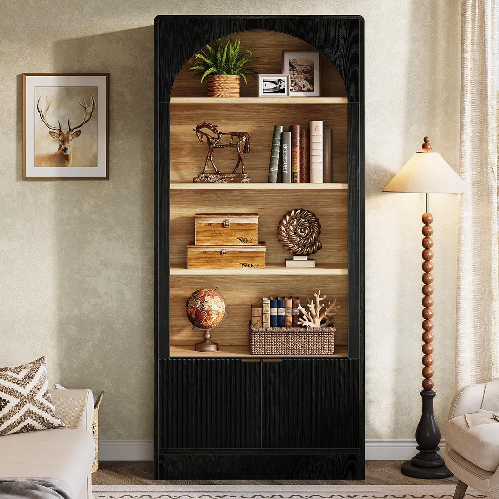 Arched 5-Tier Black Wooden Bookcase