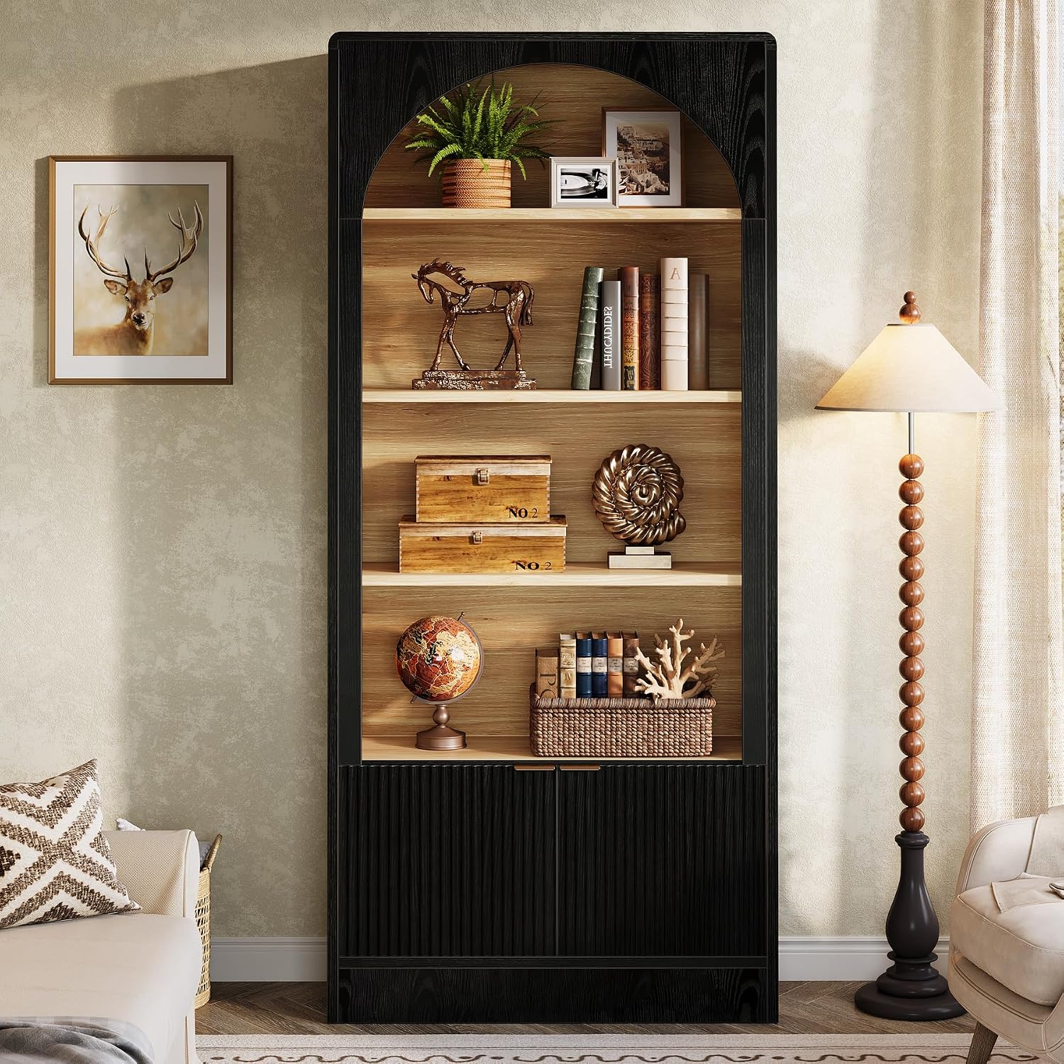 Arched 5-Tier Black Wooden Bookcase