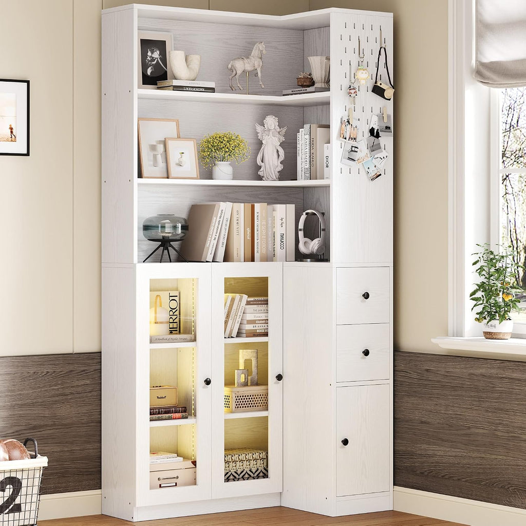 White LED Corner Bookcase with Drawers
