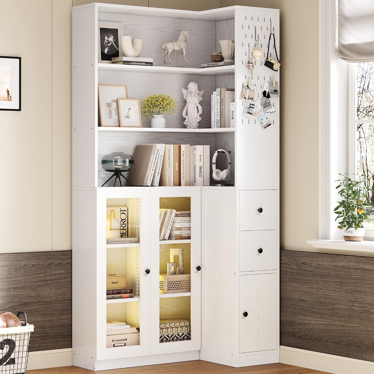 White LED Corner Bookcase with Drawers