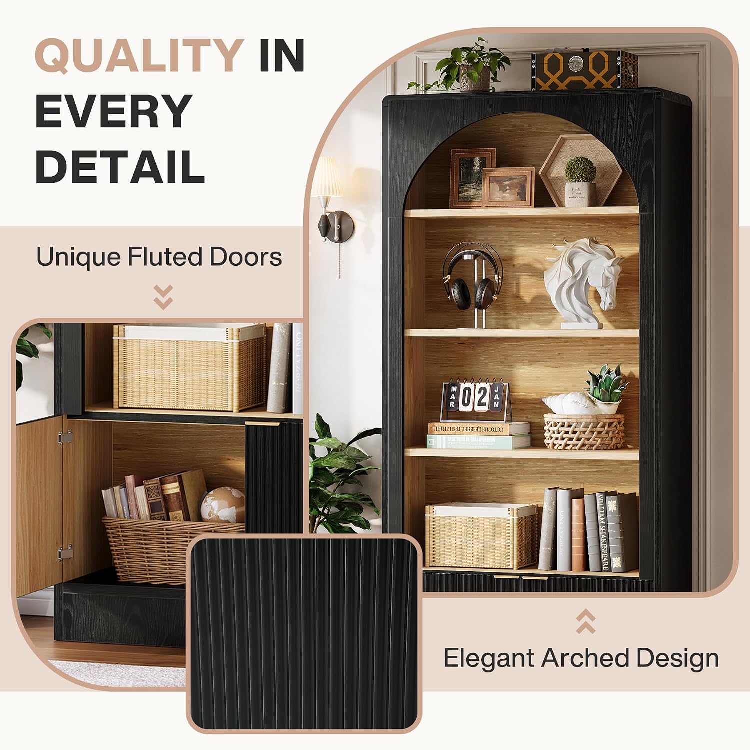 Arched 5-Tier Black Wooden Bookcase