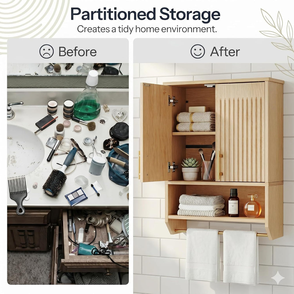 Natural Fluted Narrow Bathroom Cabinet