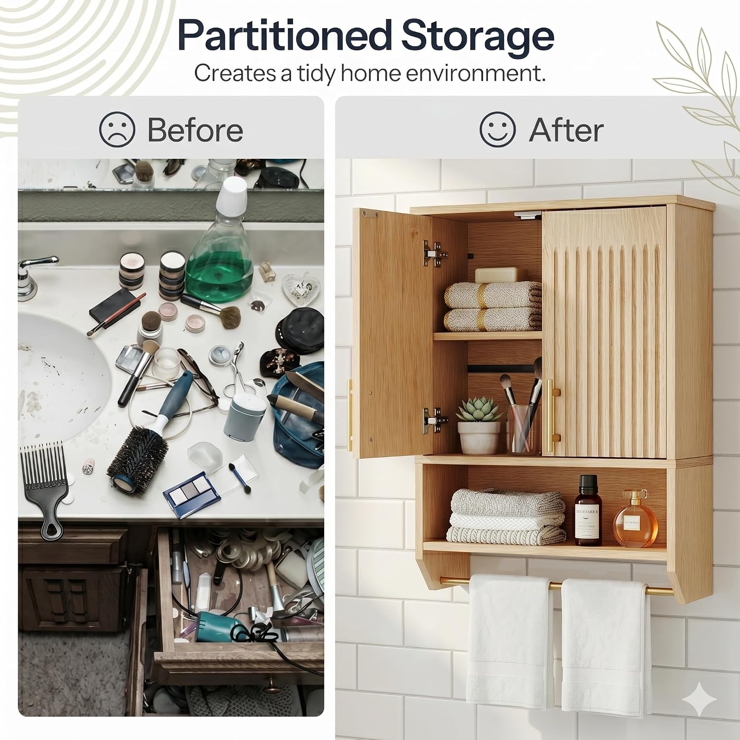 Natural Fluted Narrow Bathroom Cabinet