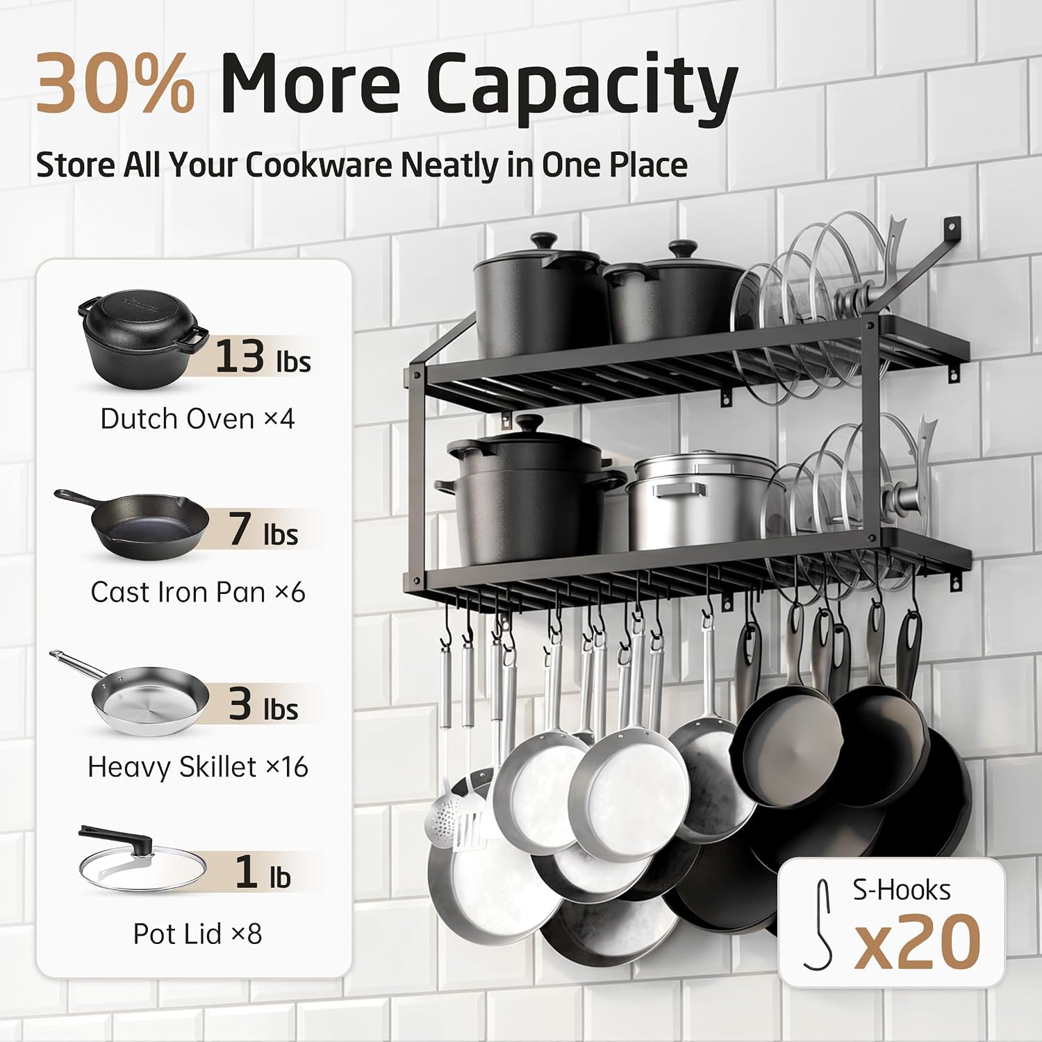 34" Matte Black Wall Pot Rack KUR528S88-BK