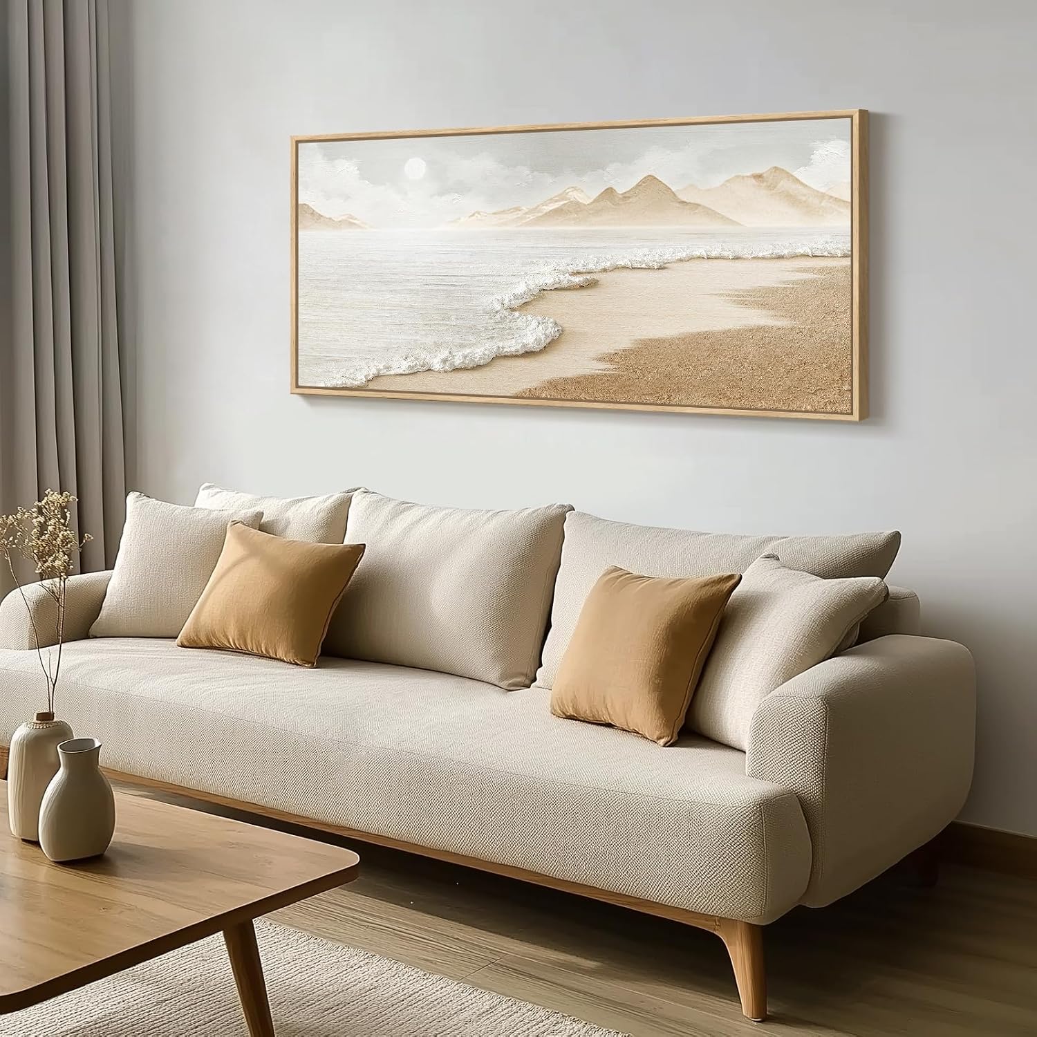 Large Neutral Coastal Framed Wall Art 30x60 Inch