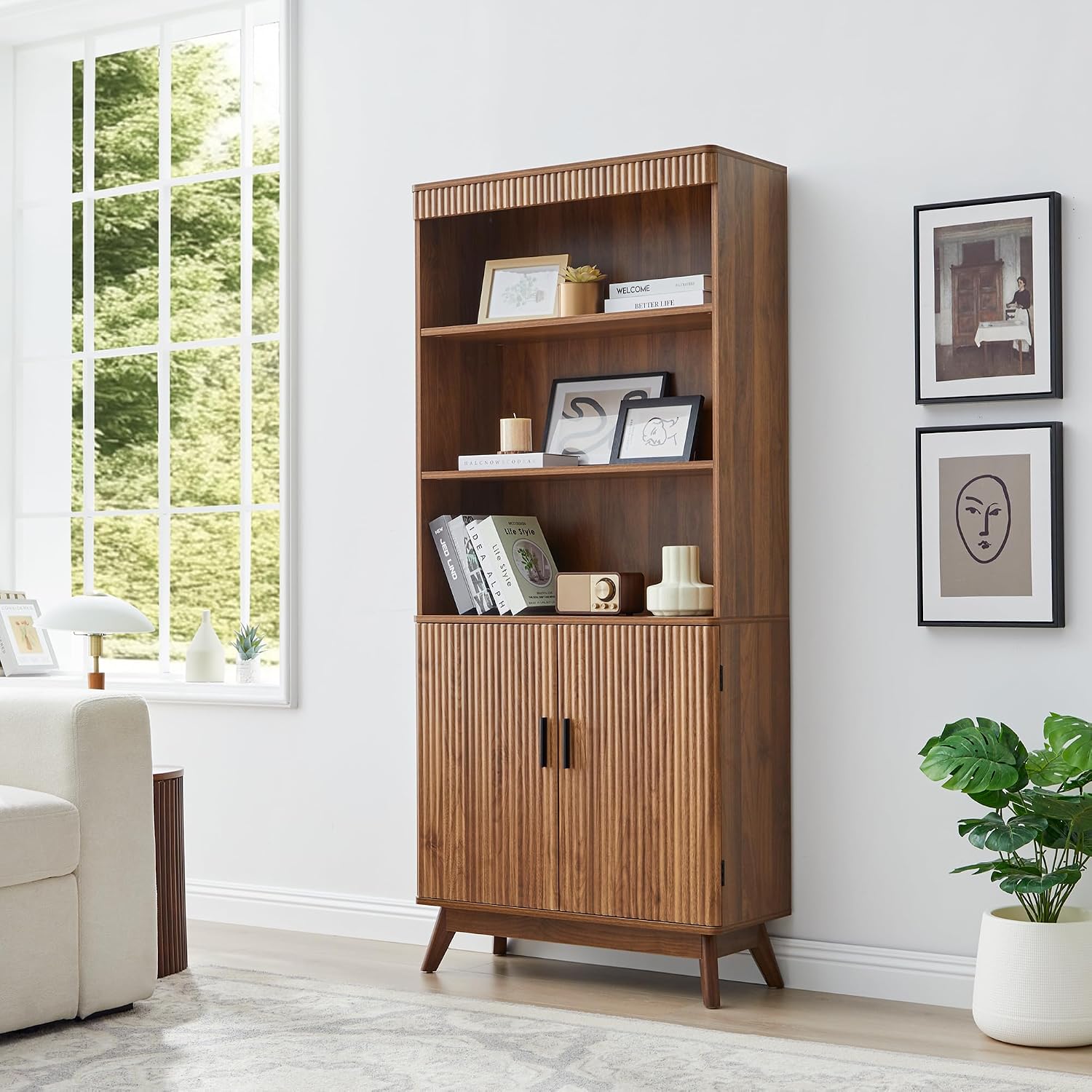 Fluted Walnut Arched Storage Bookcase
